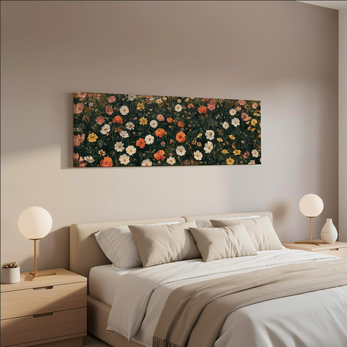 Blooming floral tapestry on dark green wide panoramic canvas print above a bed in a neutral bedroom