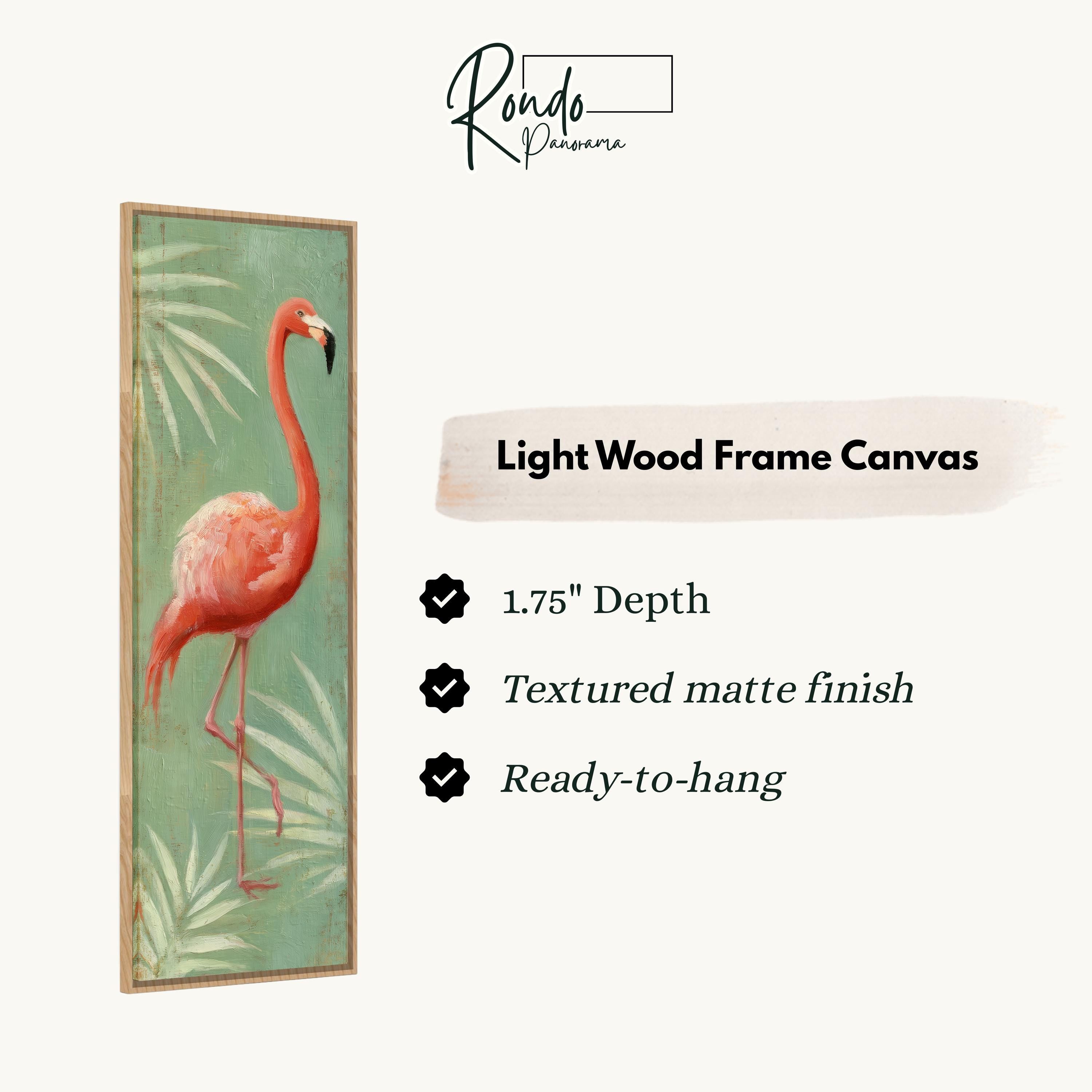 a light wood frame canvas depicting a pink flamingo standing on one leg against a green background with palm leaves.