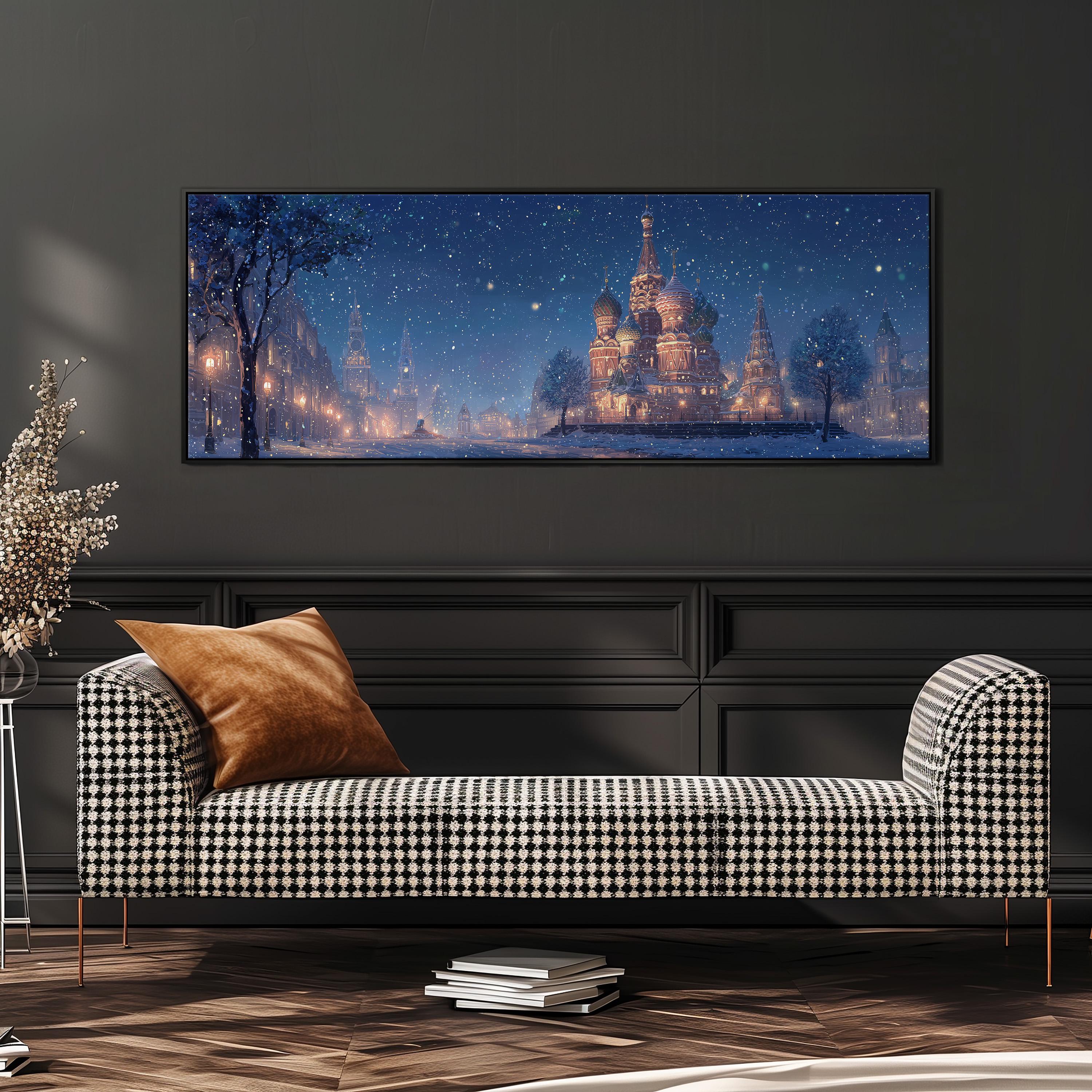 a large, framed painting of a snowy cityscape with a castle in the background, hanging on a wall above a black and white checkered sofa.