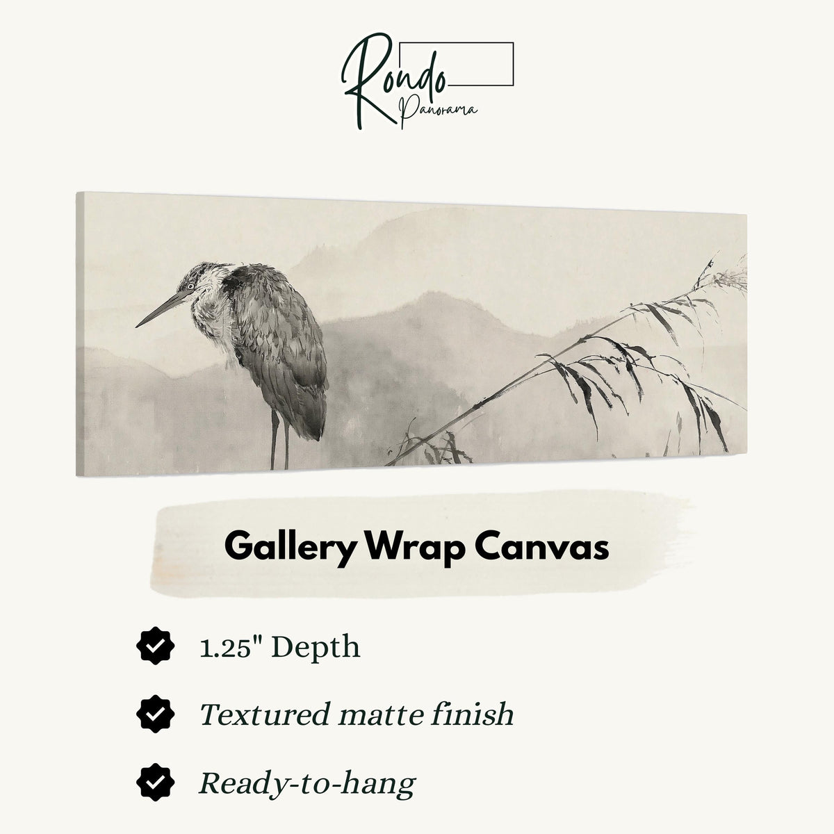 Heron in front of misty ink mountains gallery wrap canvas with the image wrapped around the edges