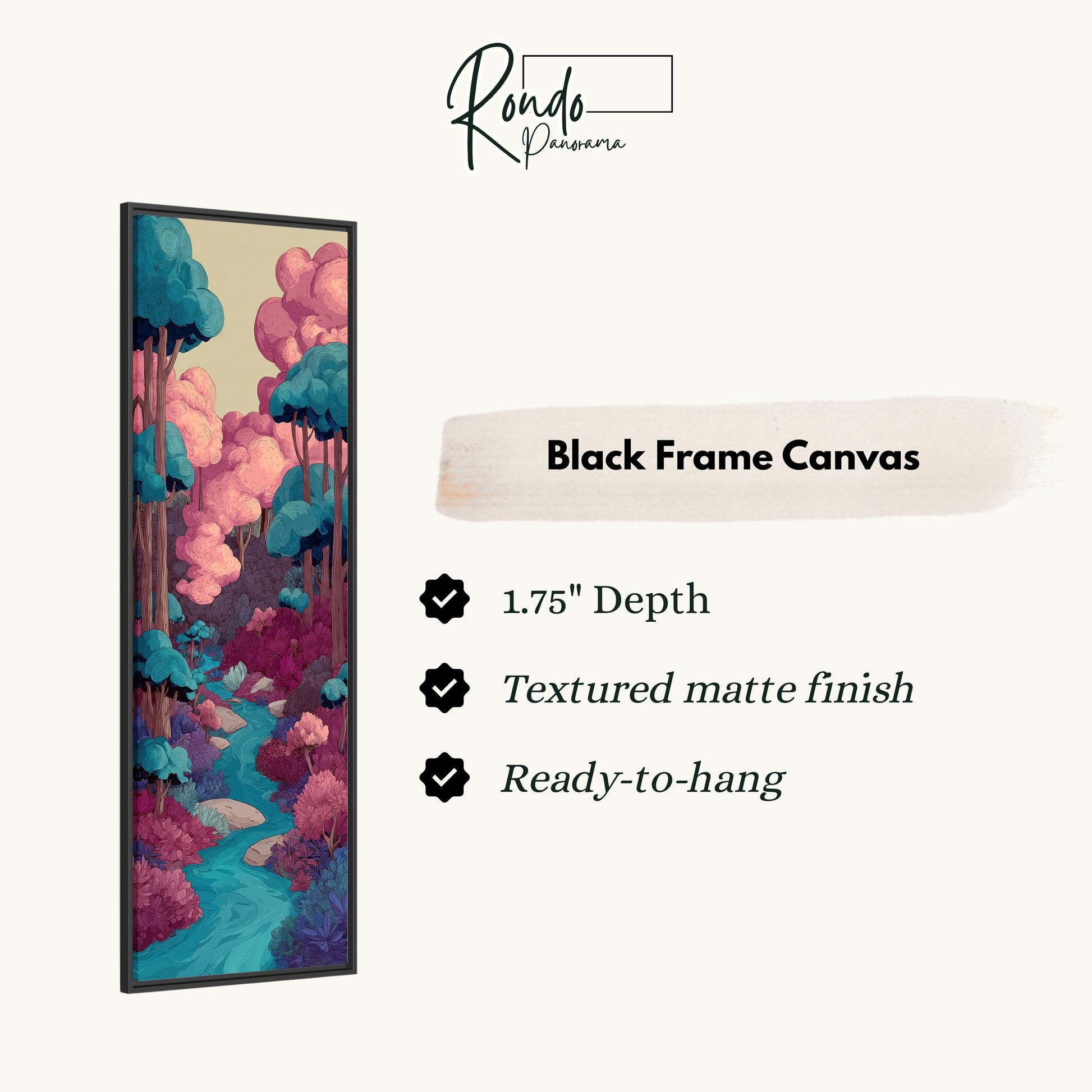 The image is a black frame canvas with a vibrant, colorful illustration of a forest scene.