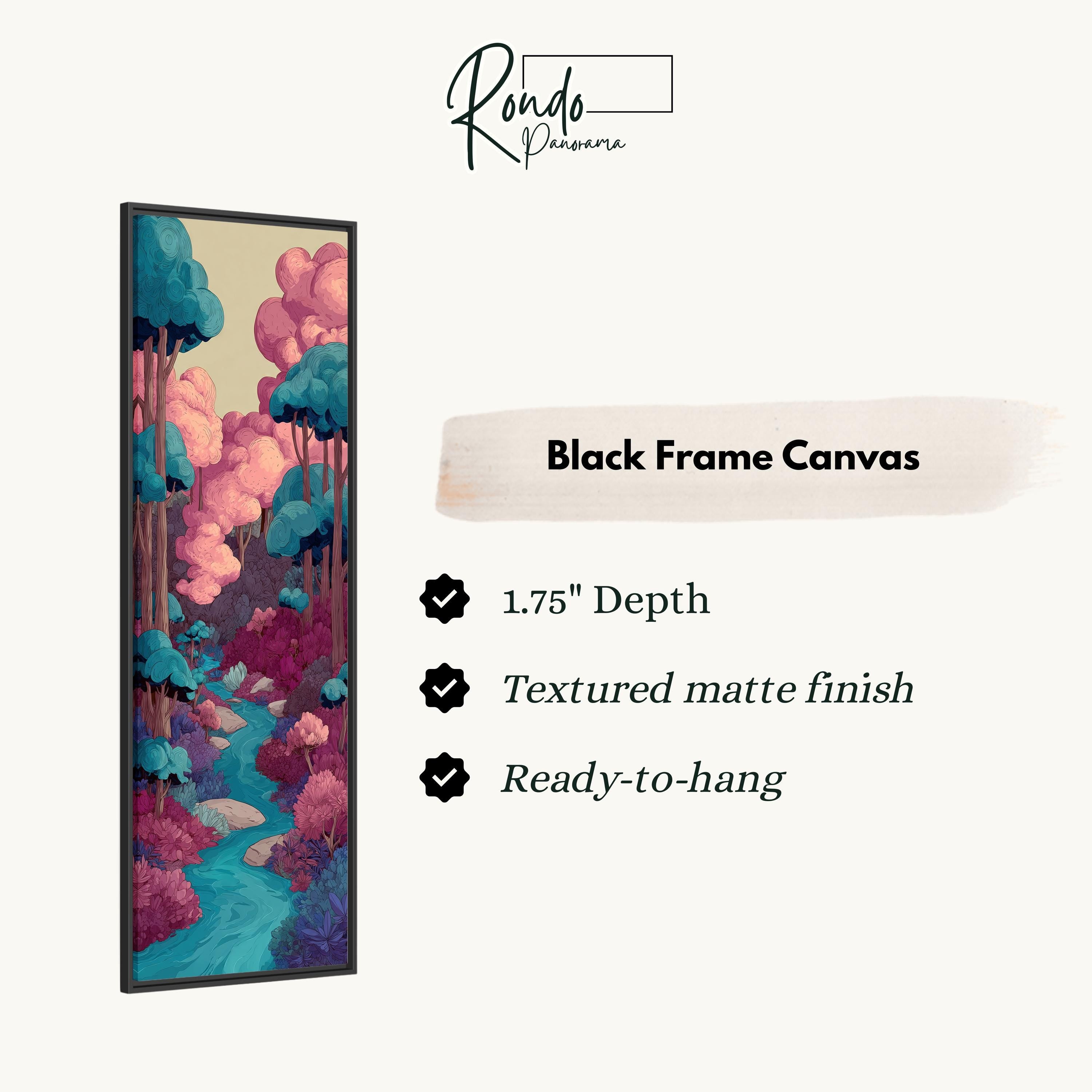 The image is a black frame canvas with a vibrant, colorful illustration of a forest scene.
