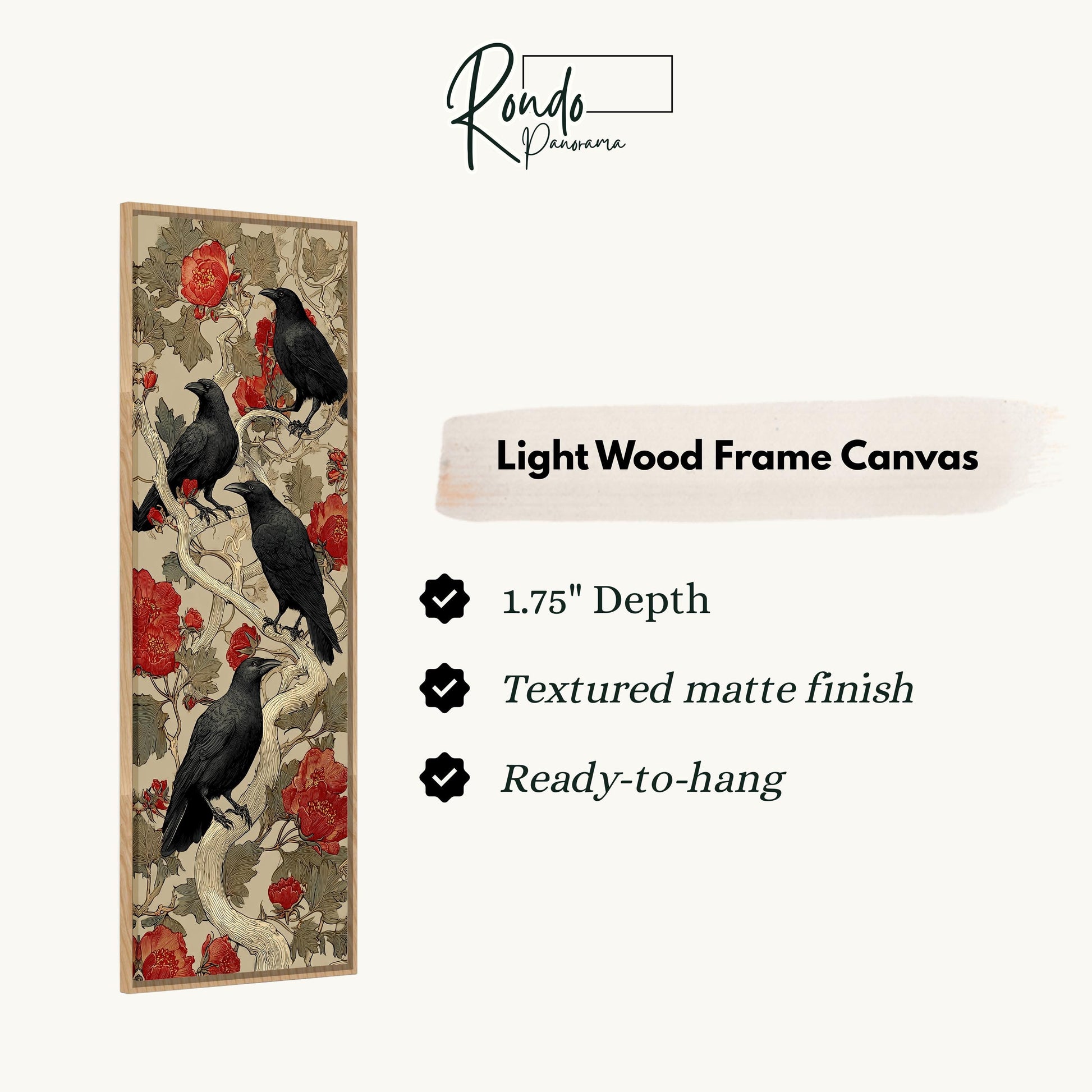 The image is a light wood frame canvas featuring a detailed illustration of black crows perched on branches with red flowers. The canvas has a 1.75" depth, is textured with a matte finish, and is ready to hang.