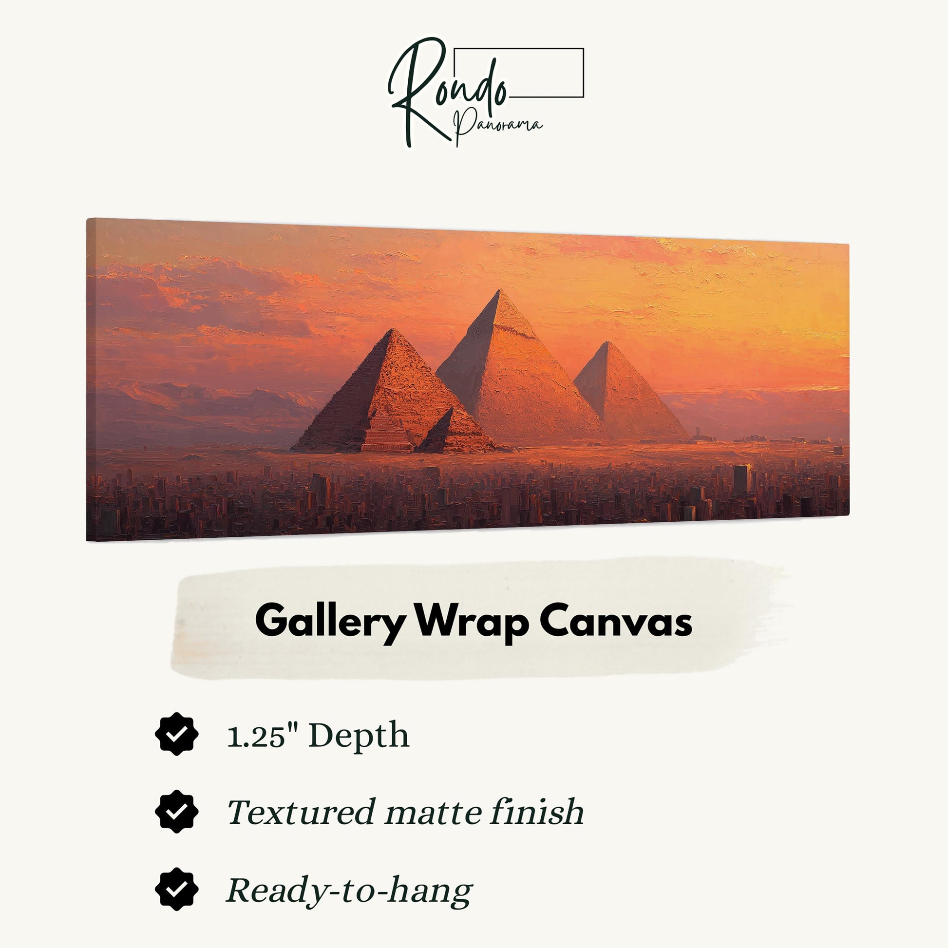 The image is a large canvas painting depicting the iconic pyramids of Giza against a sunset sky.