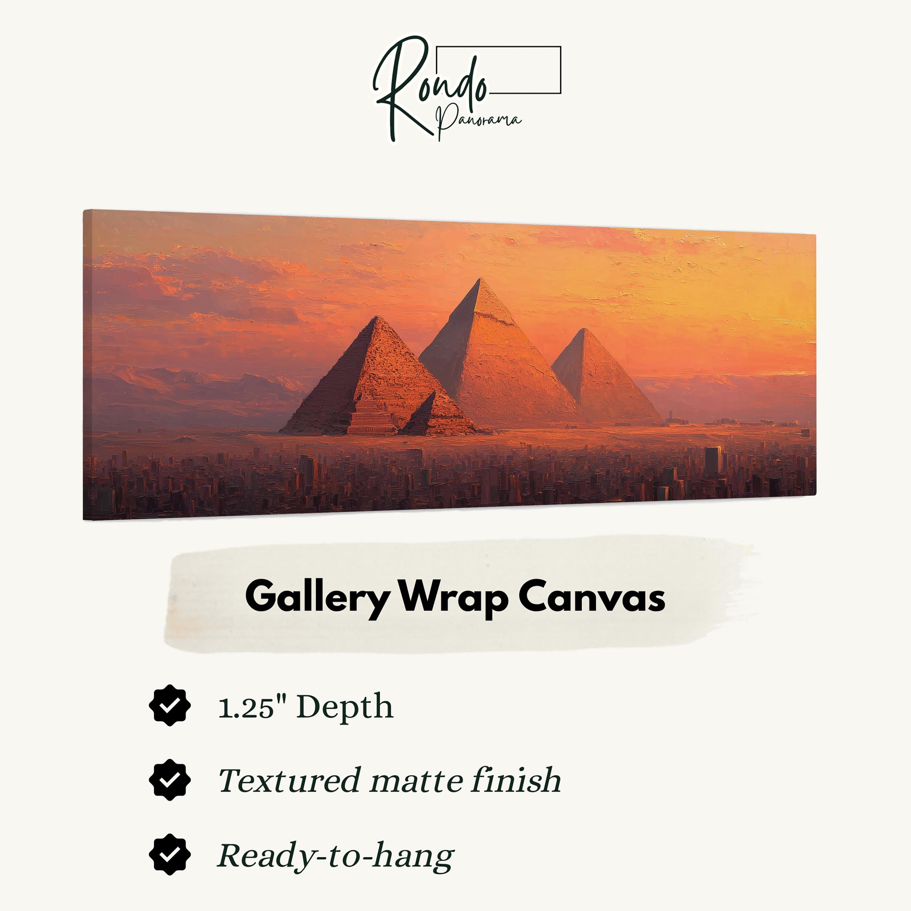 The image is a large canvas painting depicting the iconic pyramids of Giza against a sunset sky.