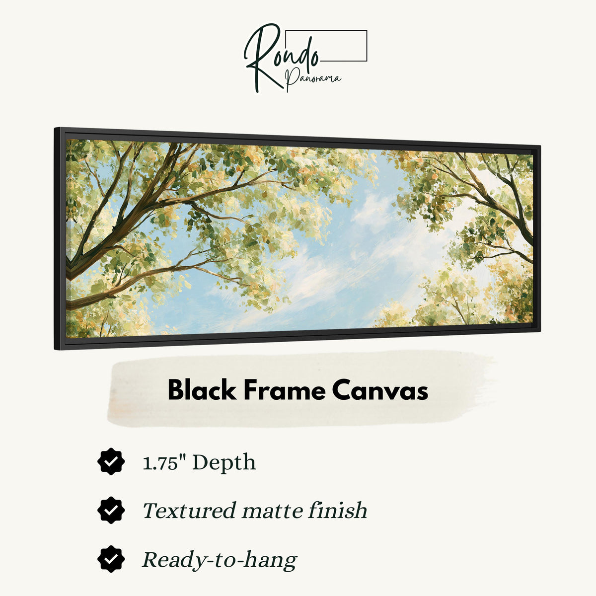 Sunlit leafy branches framing soft clouds canvas print in a black floating frame