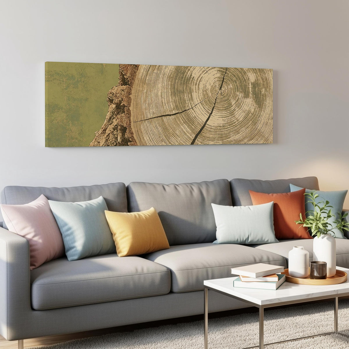 Golden tree ring wood grain panoramic canvas print above a grey sofa in a living room