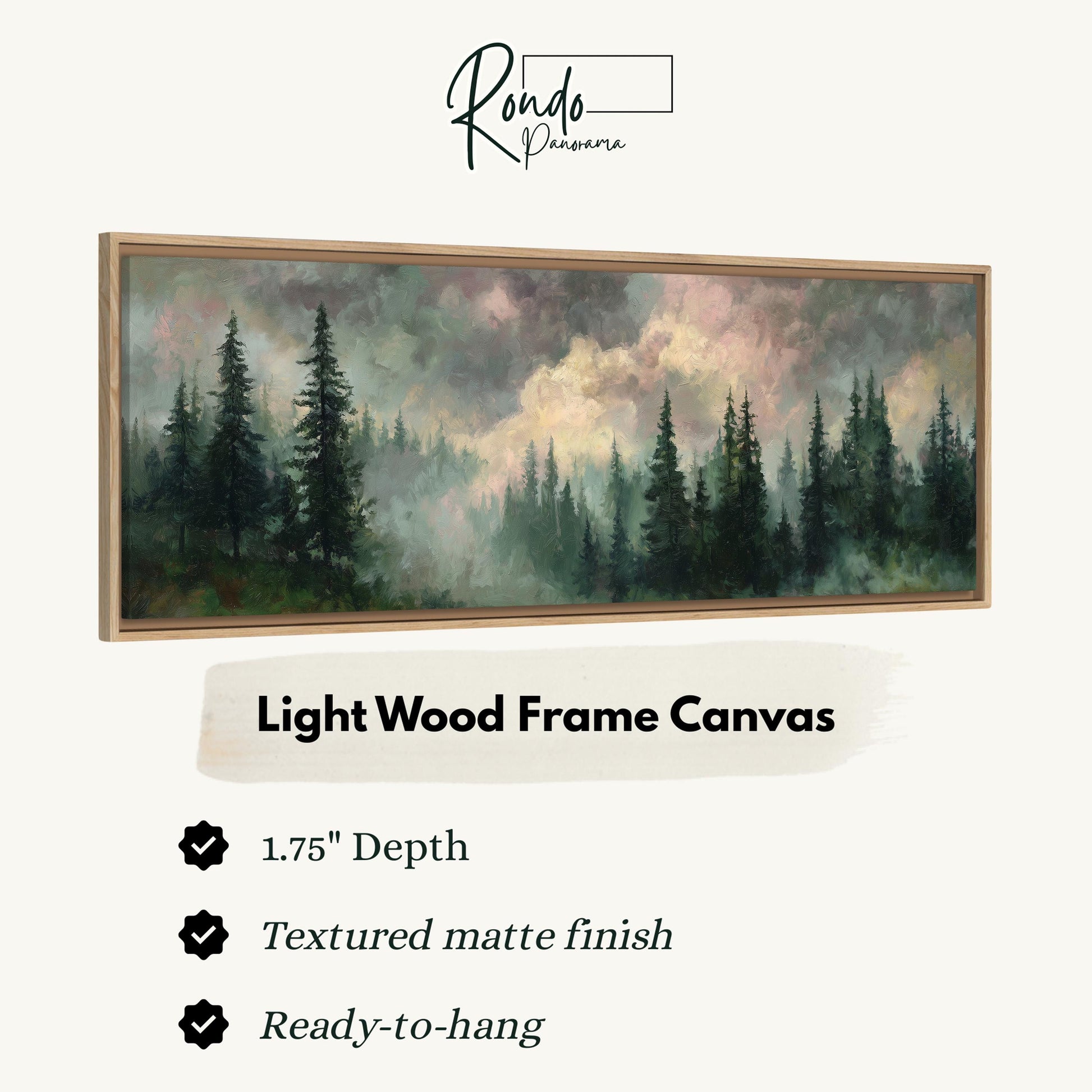 The image is a painting of a forest scene with a light wood frame.