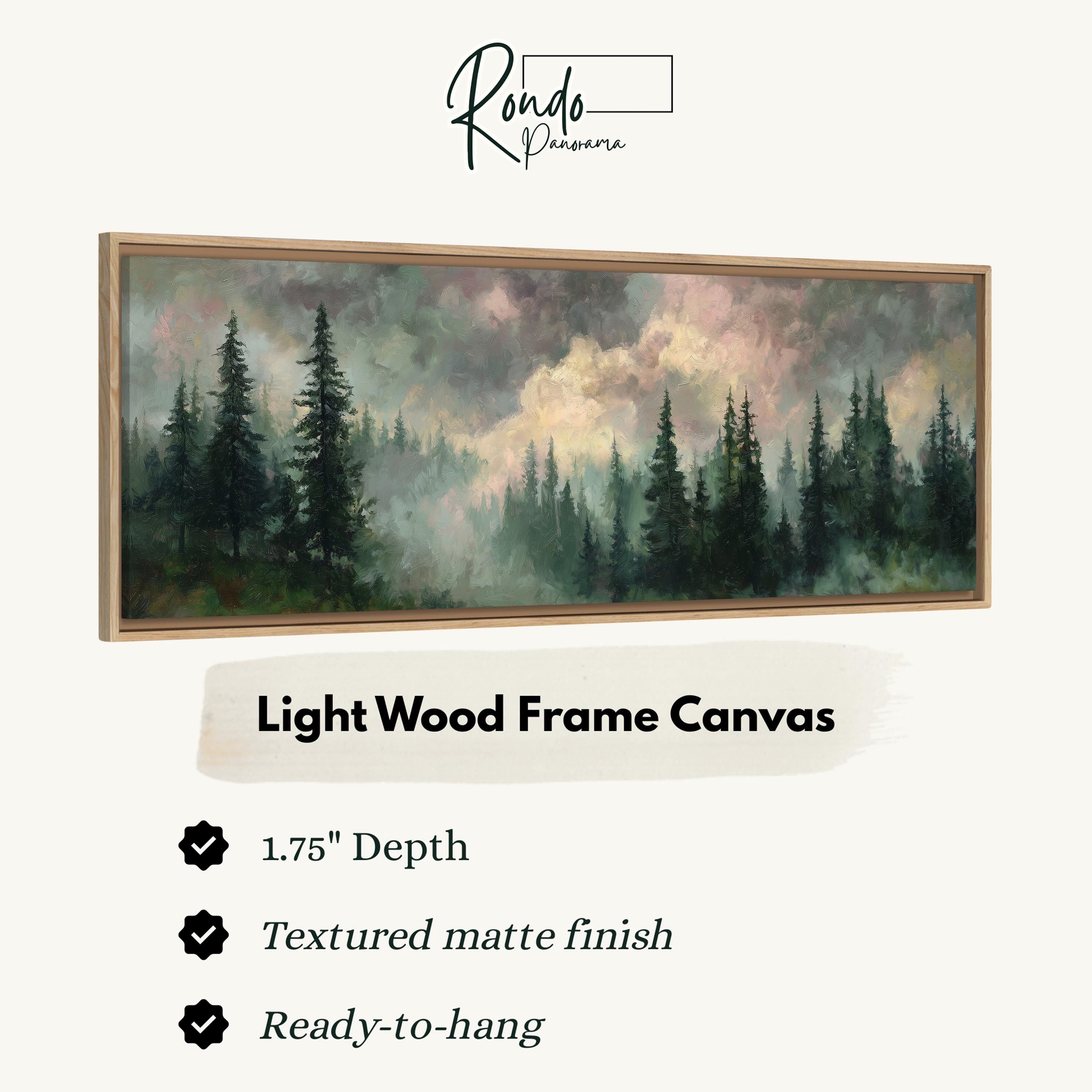 The image is a painting of a forest scene with a light wood frame.