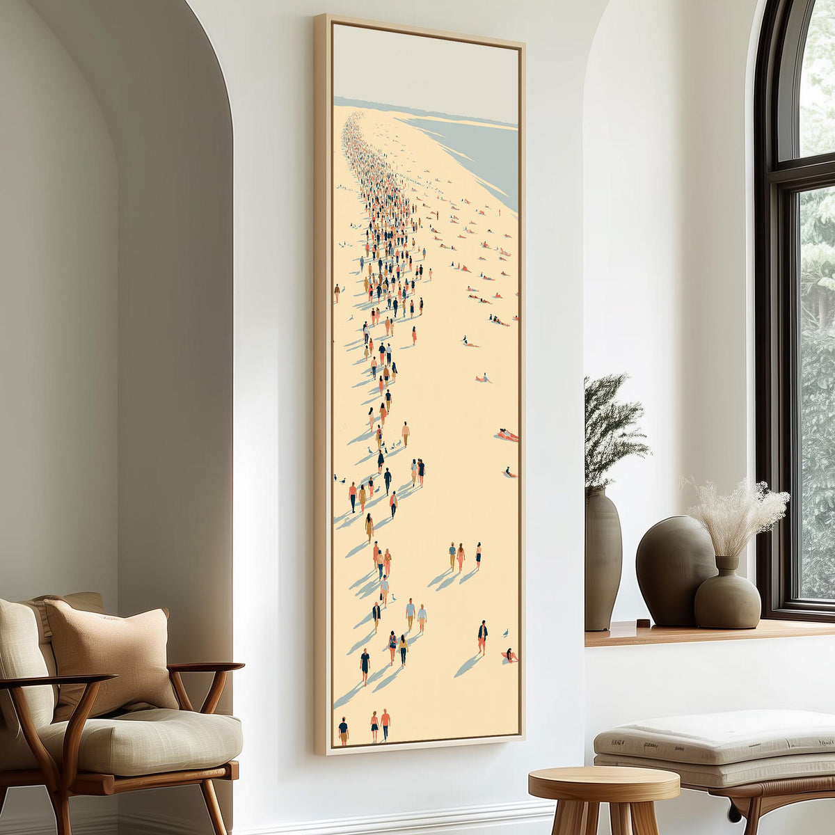 Crowds along a curving beach shoreline from above long vertical canvas print in a sunlit living space