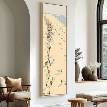 Crowds along a curving beach shoreline from above long vertical canvas print in a sunlit living space