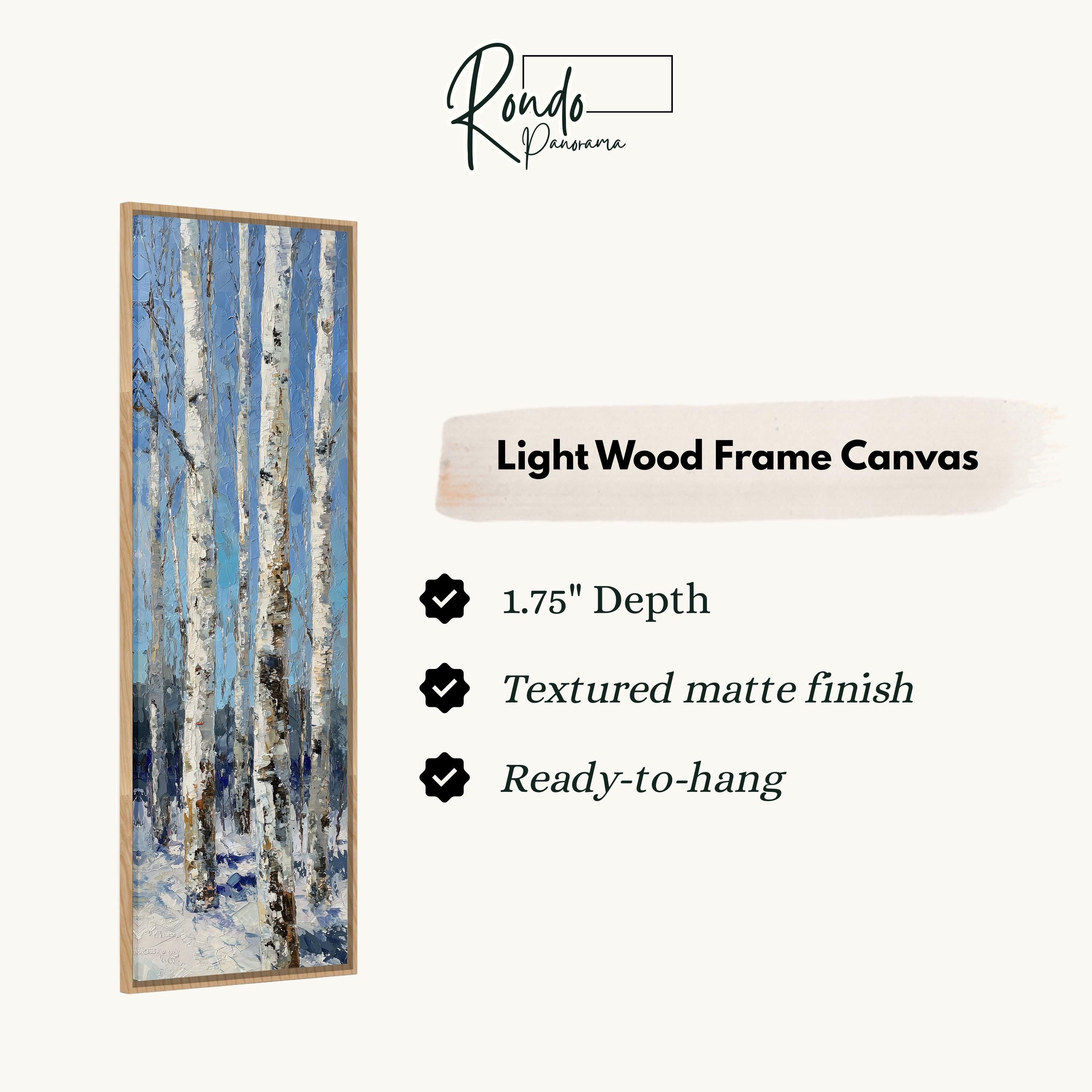 The image is a light wood frame canvas depicting a painting of a forest with tall trees.