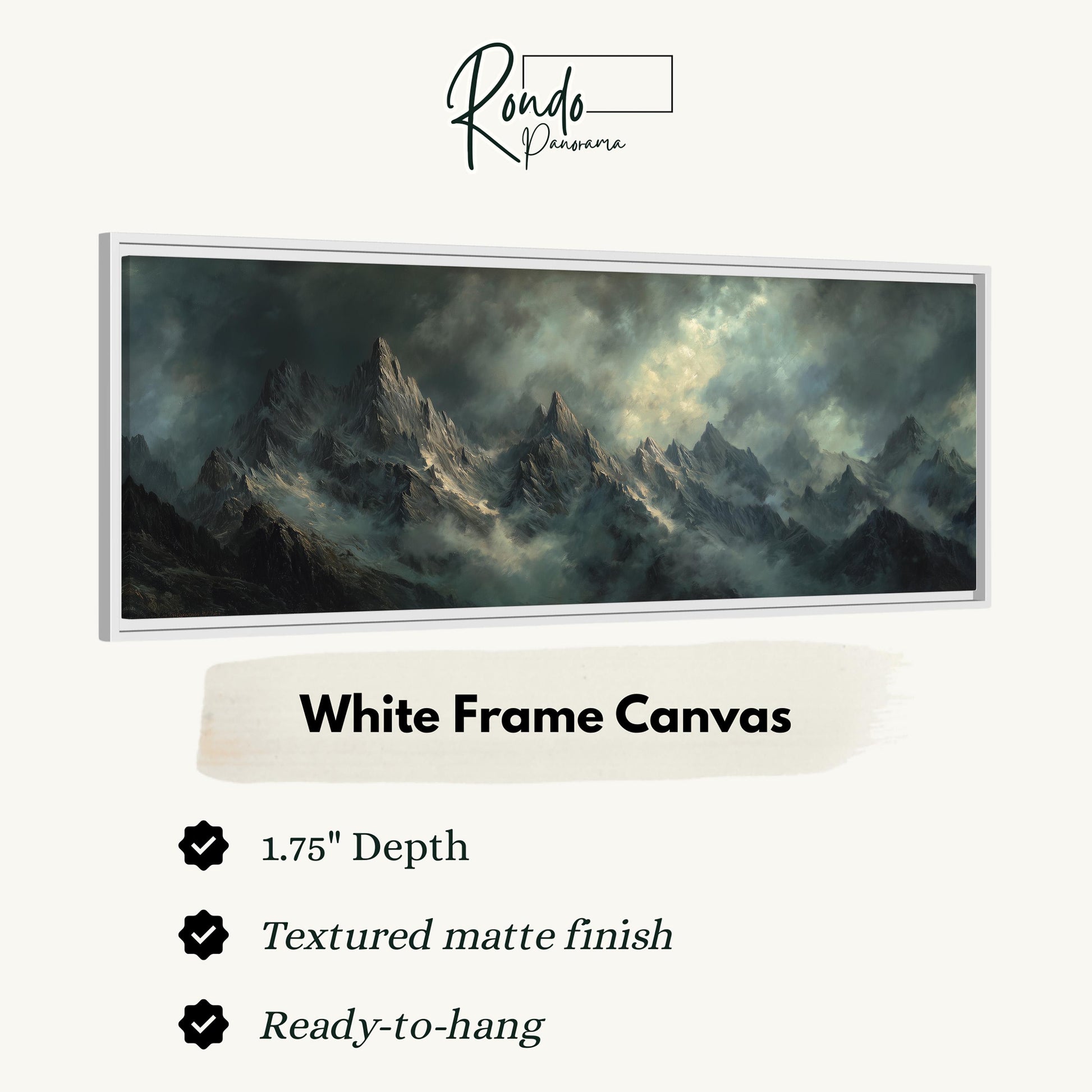 The image is a white frame canvas depicting a mountainous landscape with a dramatic, stormy sky.