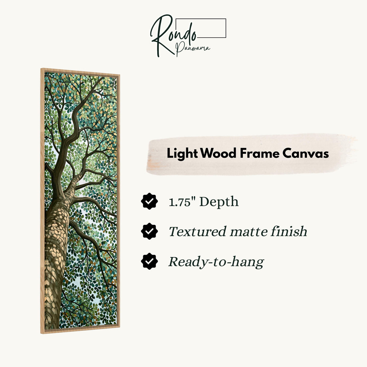 Tree canopy in a dappled mosaic style canvas print in a light wood floating frame