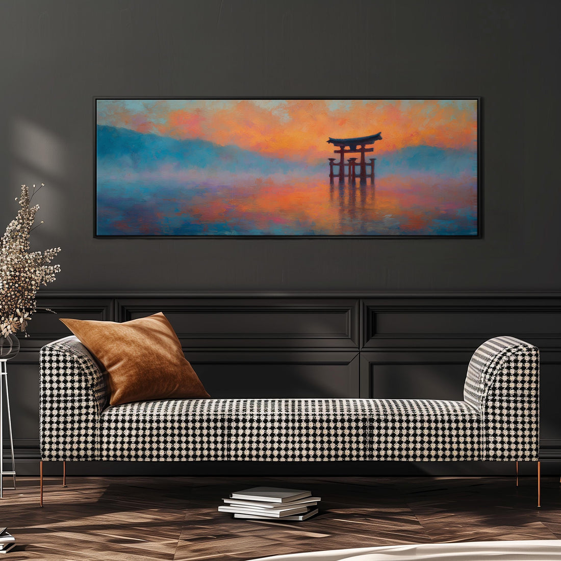 a large, rectangular painting hanging on a wall above a brown sofa.