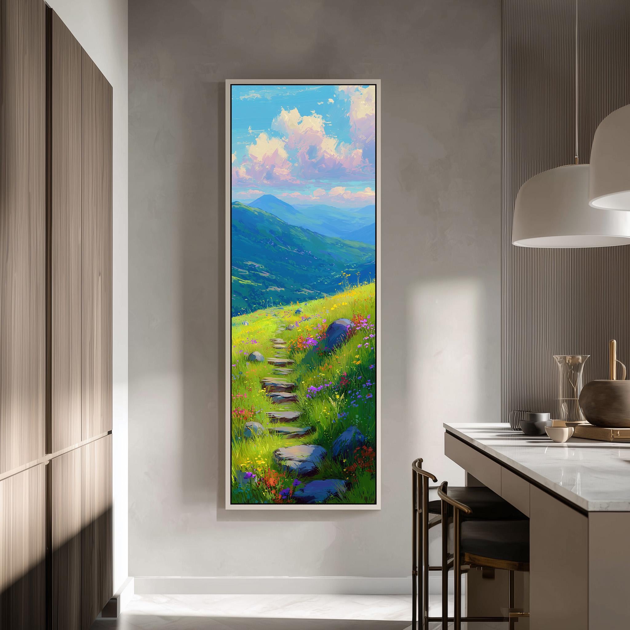 a large, colorful painting of a winding path leading through a lush, green landscape with mountains in the background.