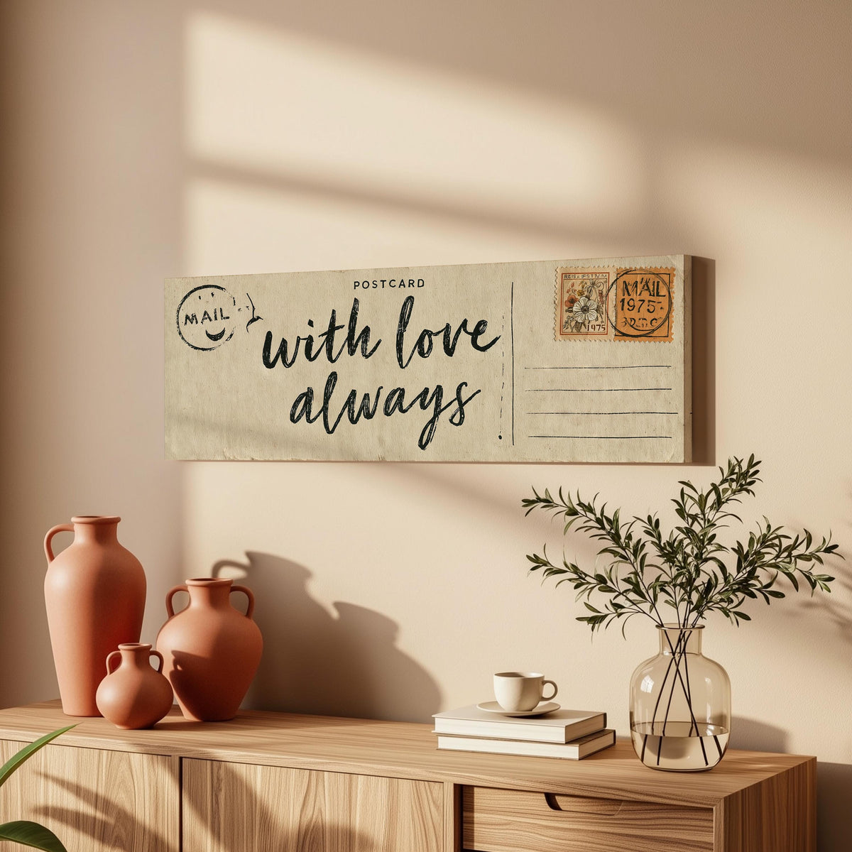 Vintage postcard saying with love always long horizontal canvas print above a wooden sideboard