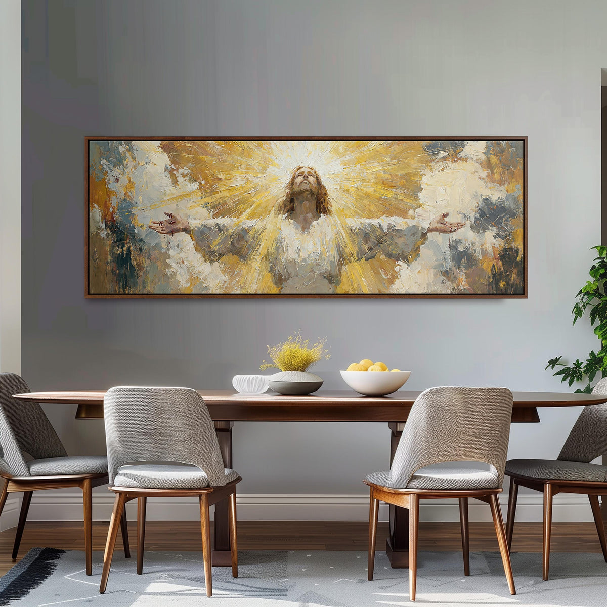 Risen Christ in golden light long horizontal canvas print above a dining table