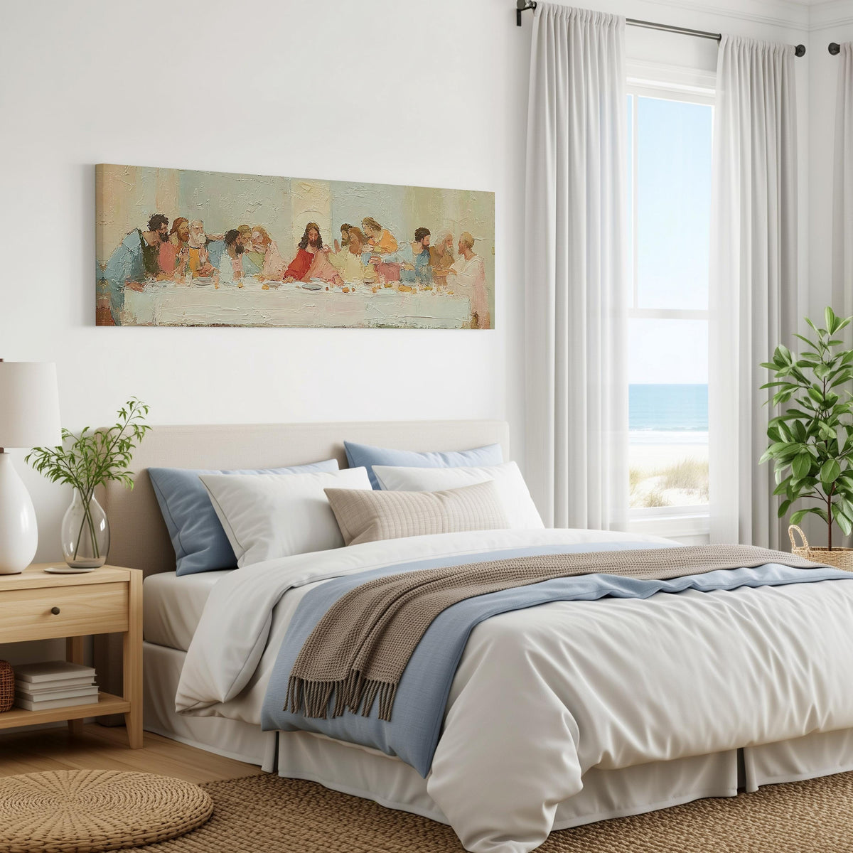 The Last Supper in a classic style panoramic canvas print above a bed in a coastal bedroom