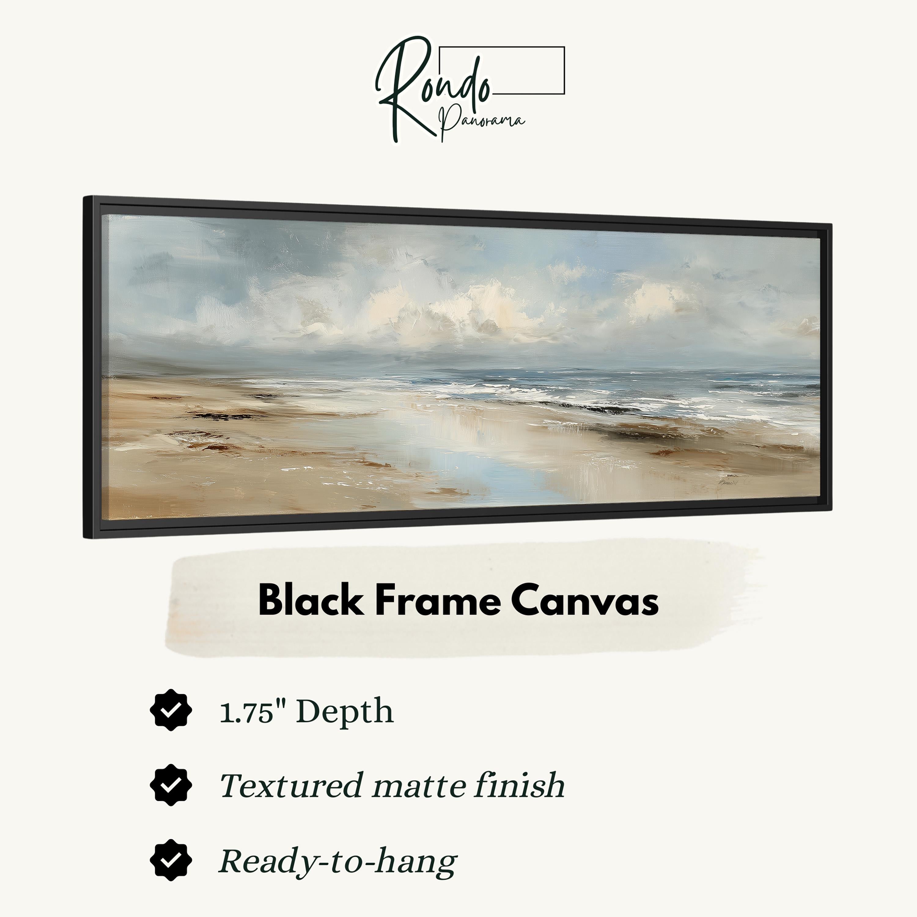 The image is a black frame canvas depicting a serene landscape of a beach and ocean.