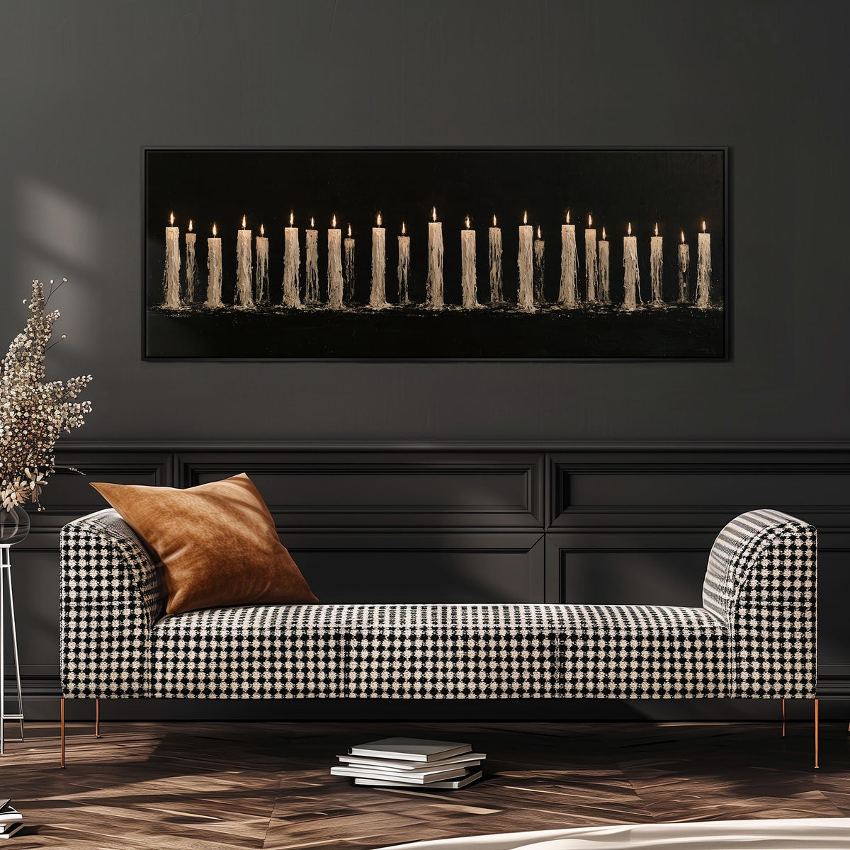 Long row of flickering candles long horizontal canvas print above a dining table