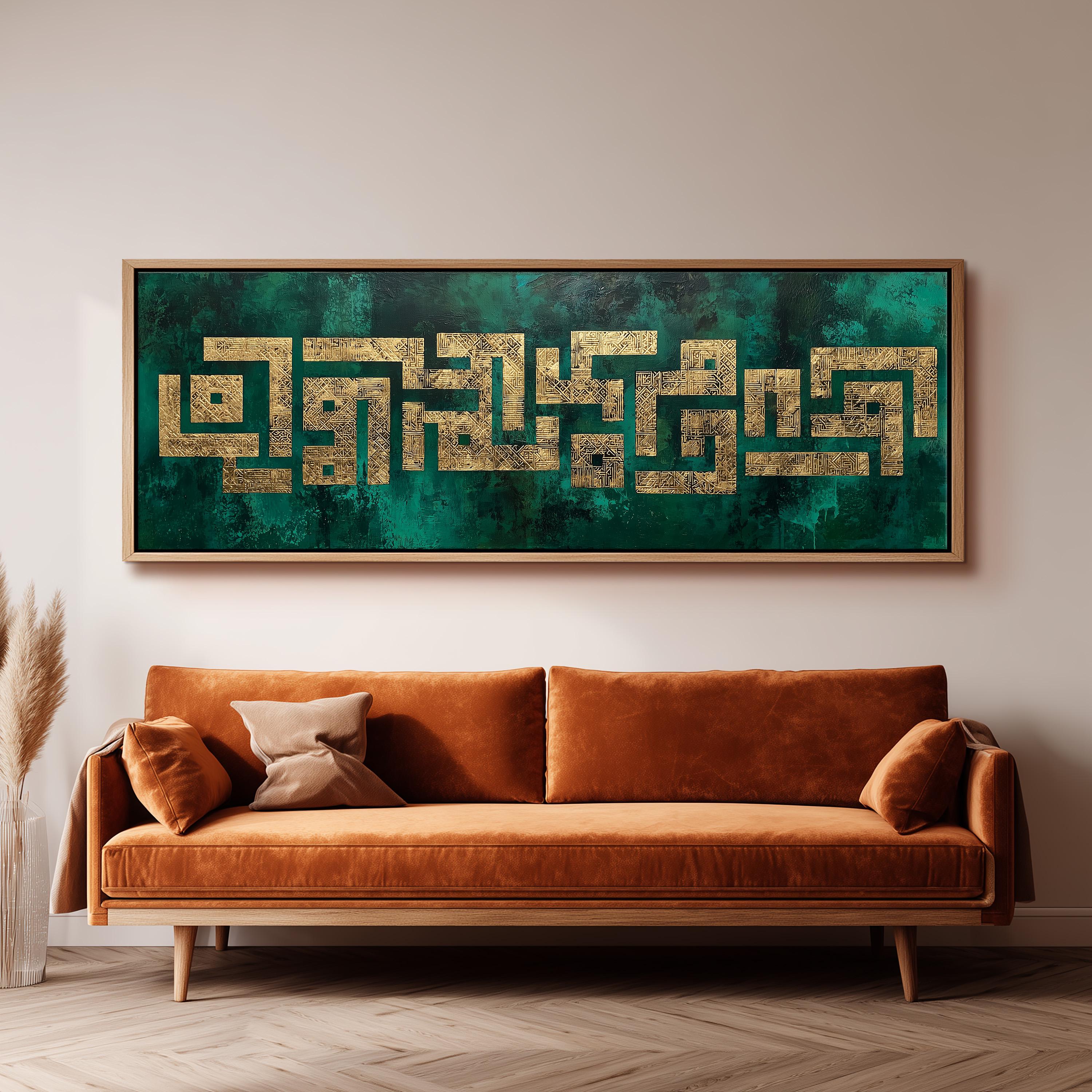 a large, framed artwork hanging on a wall above a brown sofa.