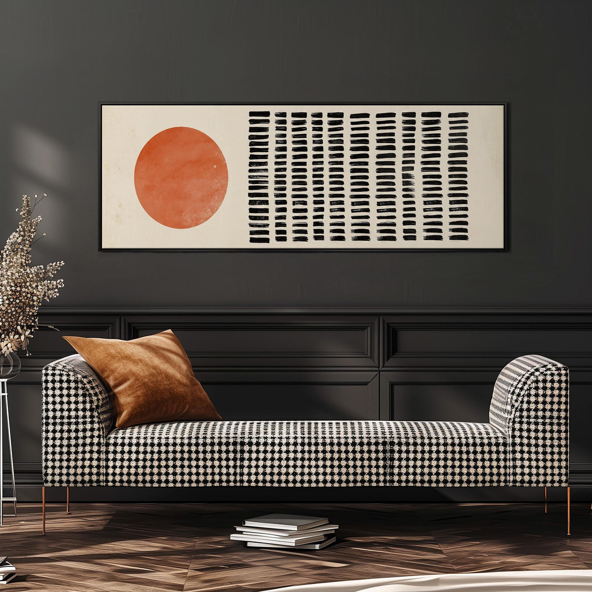 Orange sun beside rows of black dashes wide panoramic canvas print above a bench in a dark living room