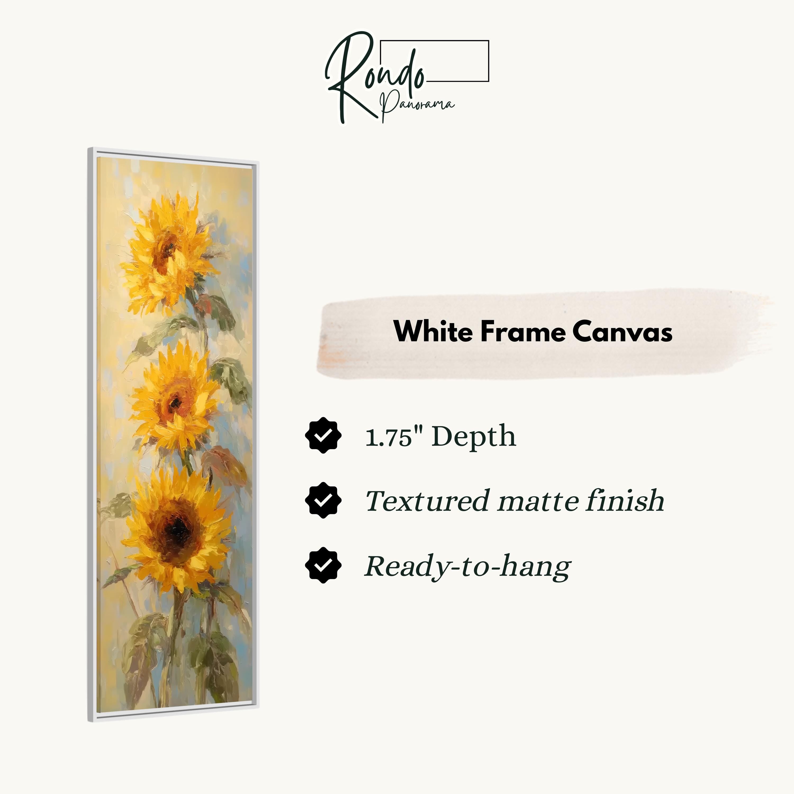The image is a white frame canvas featuring a painting of three yellow sunflowers.