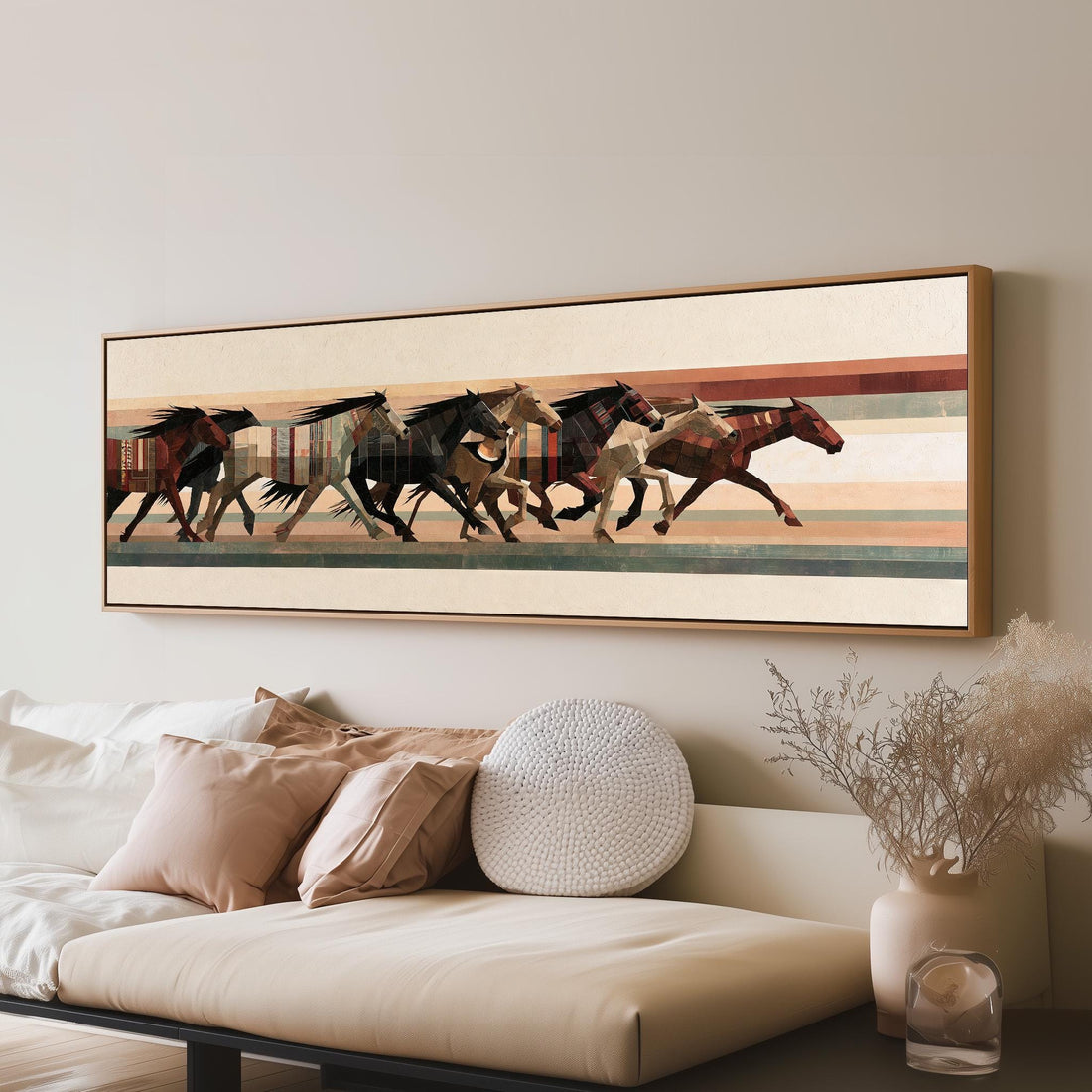 Running horses over a quilted stripe pattern long horizontal canvas print above a sofa in a living room