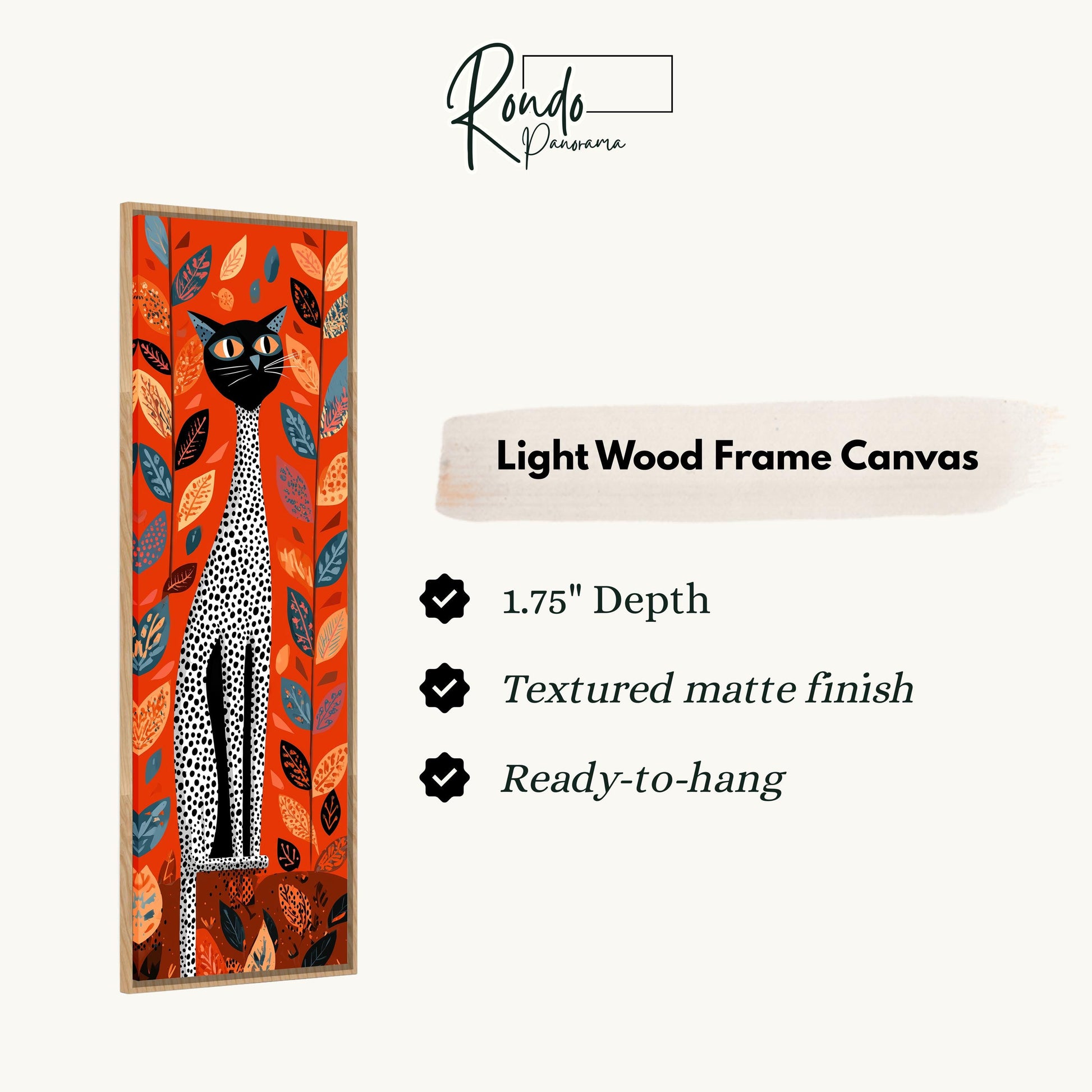The image is a light wood frame canvas featuring a cat with a spotted pattern.
