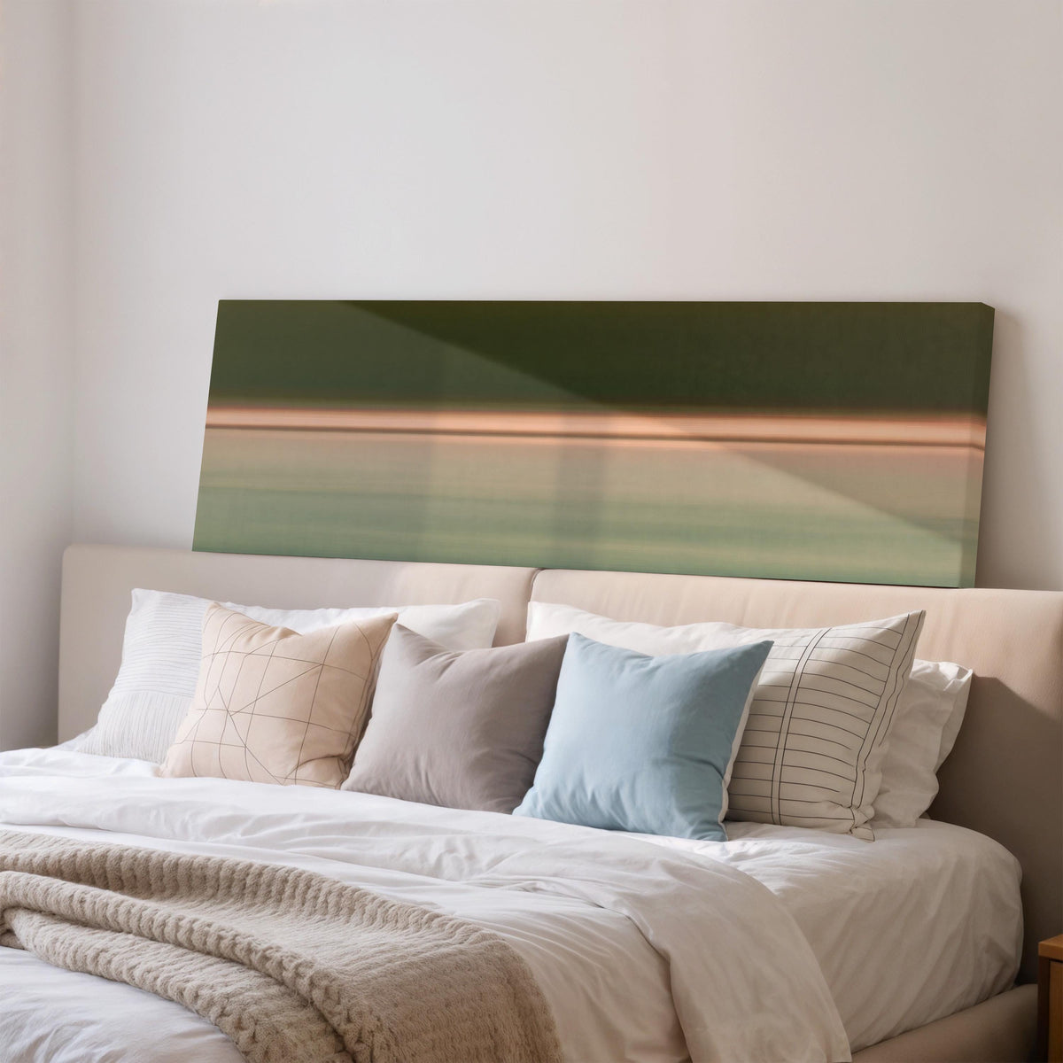 Minimalist dusk horizon gradient wide panoramic canvas print above a bed in a bedroom