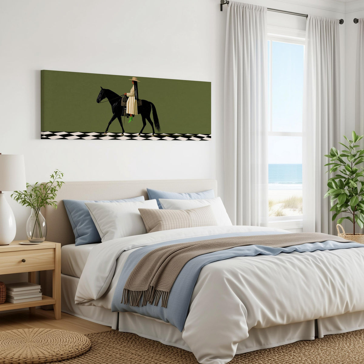Woman riding a black horse on a checkerboard panoramic canvas print above a bed in a coastal bedroom