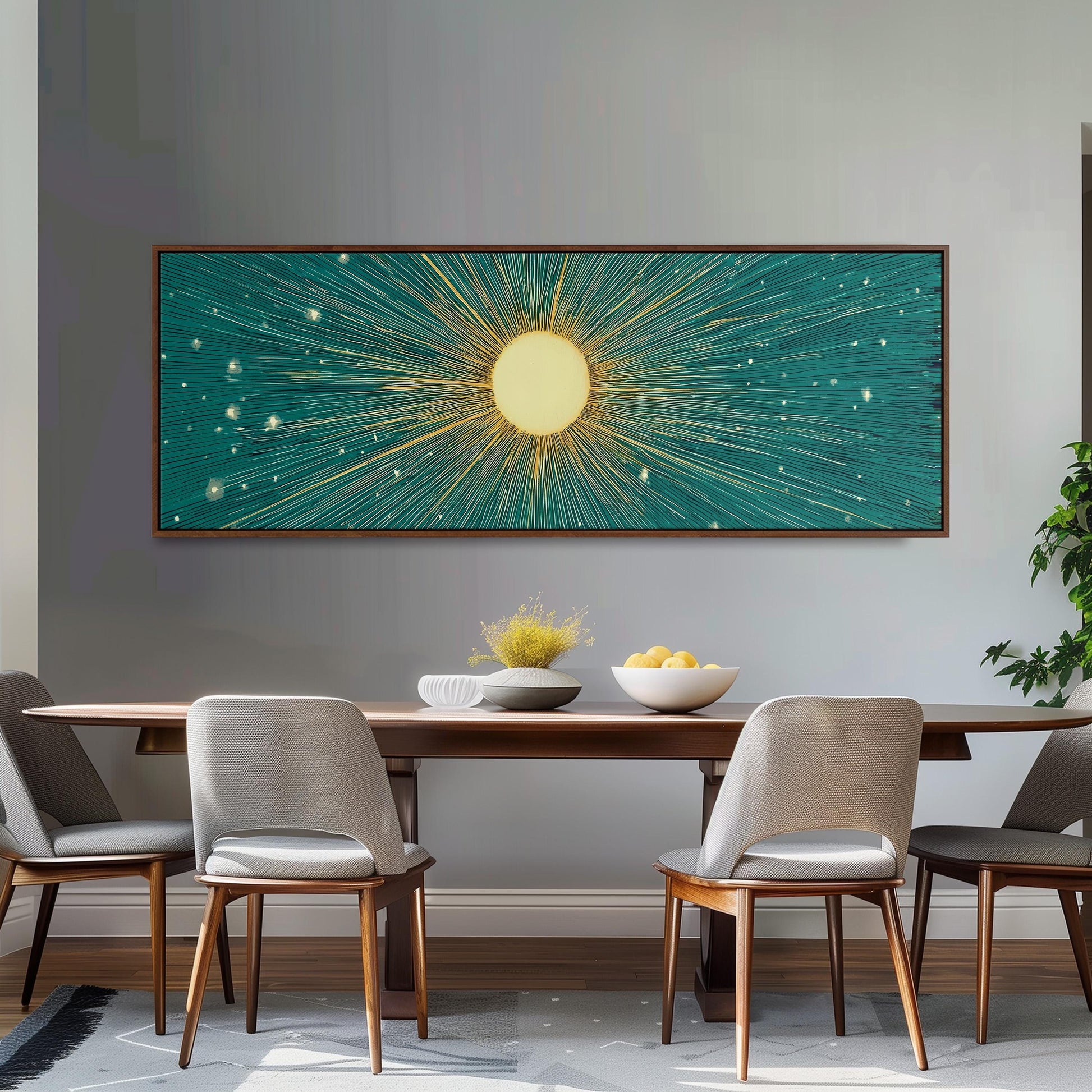 a dining room with a large, colorful painting of a sun and stars hanging on the wall above a wooden dining table with four chairs.
