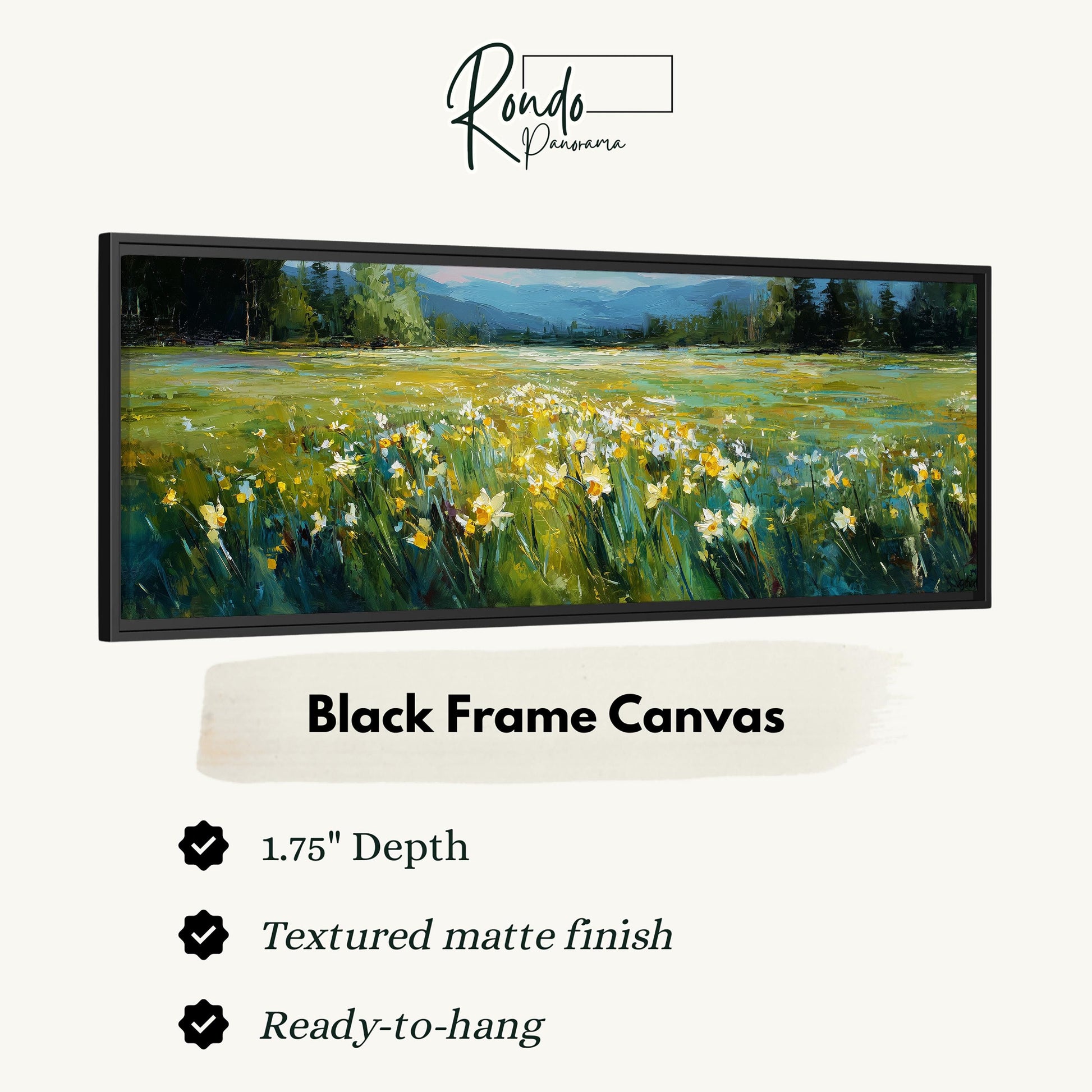 The image is a black frame canvas depicting a field of flowers with a mountainous landscape in the background.