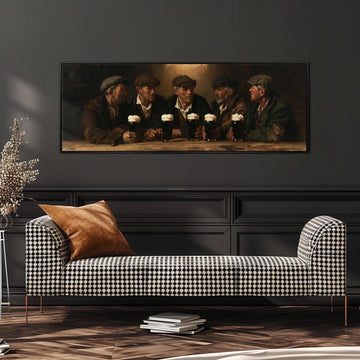 Friends toasting with stout in an Irish pub long horizontal canvas print above a sofa in a living room