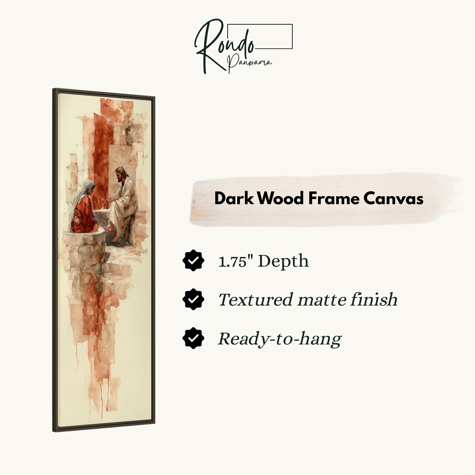 The image is a dark wood frame canvas featuring an abstract painting of a man and a woman sitting together. The canvas has a 1.75" depth, is textured with a matte finish, and is ready to hang.