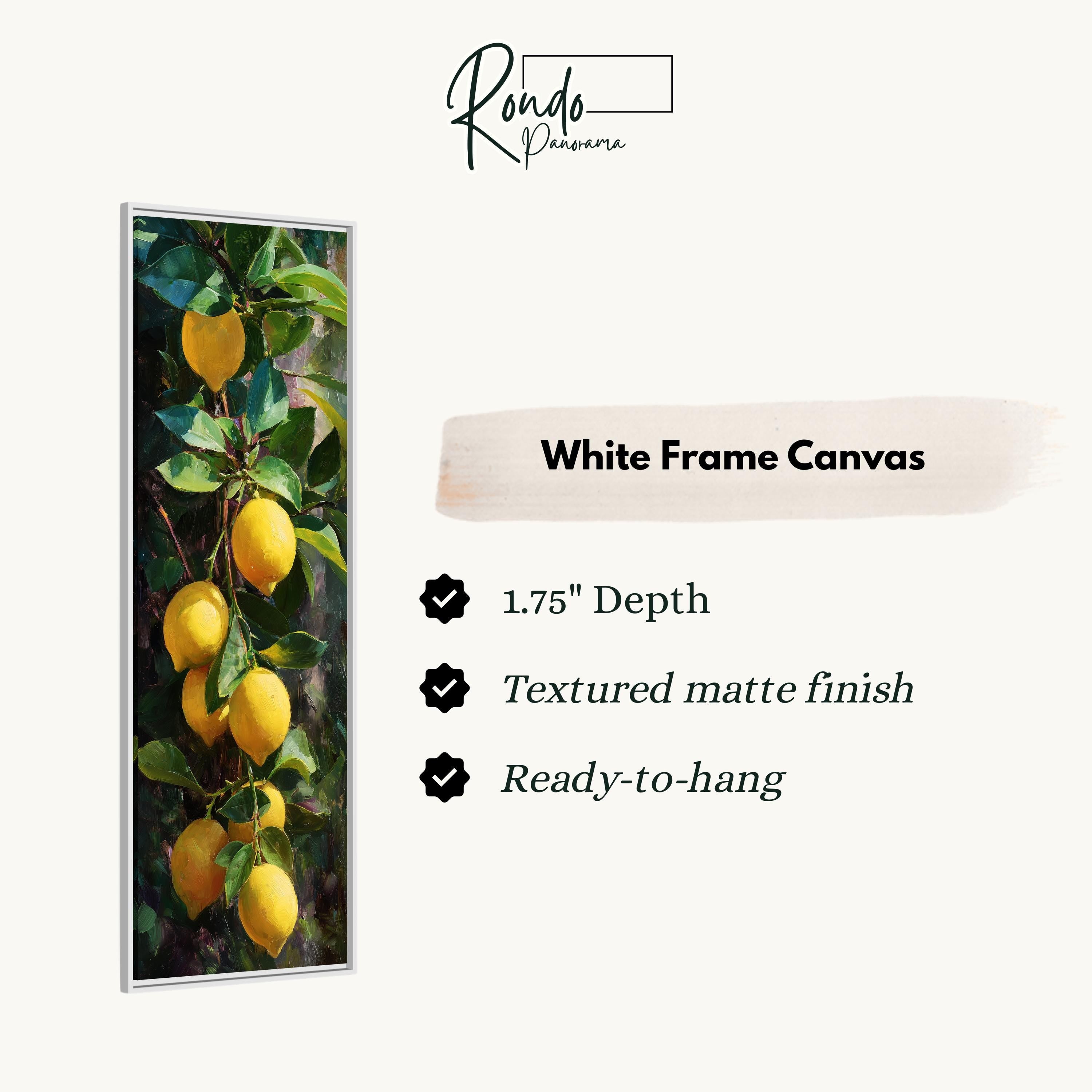 The image is a white frame canvas featuring a painting of lemons hanging from a tree.