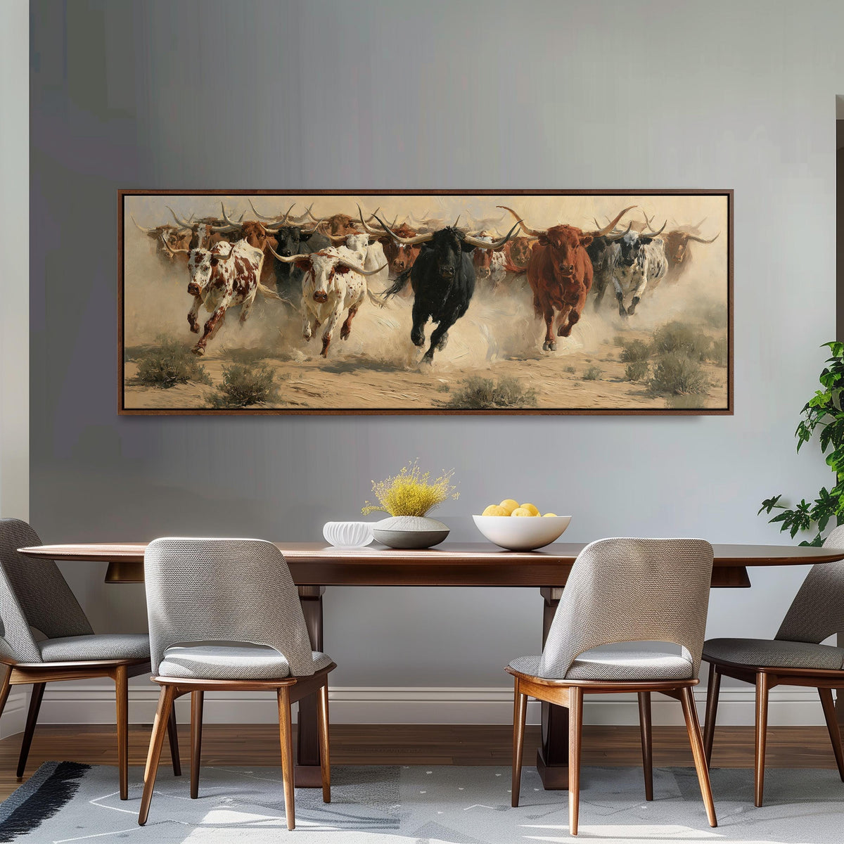 Charging longhorn herd long horizontal canvas print above a dining table