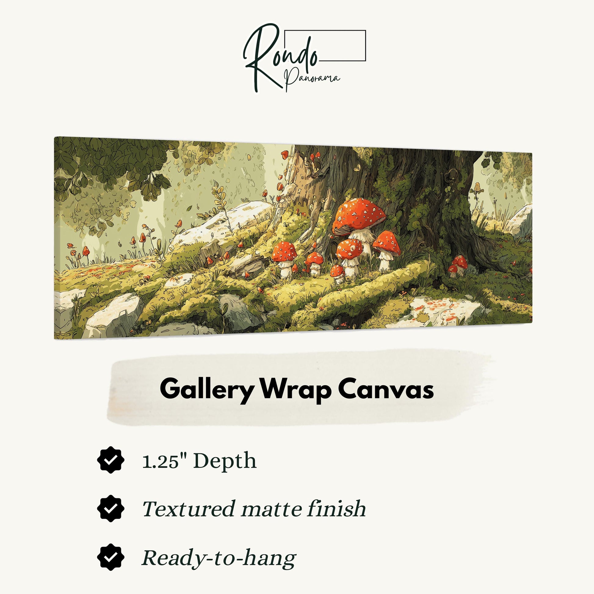 The image is a gallery wrap canvas featuring a whimsical forest scene with mushrooms and other natural elements.