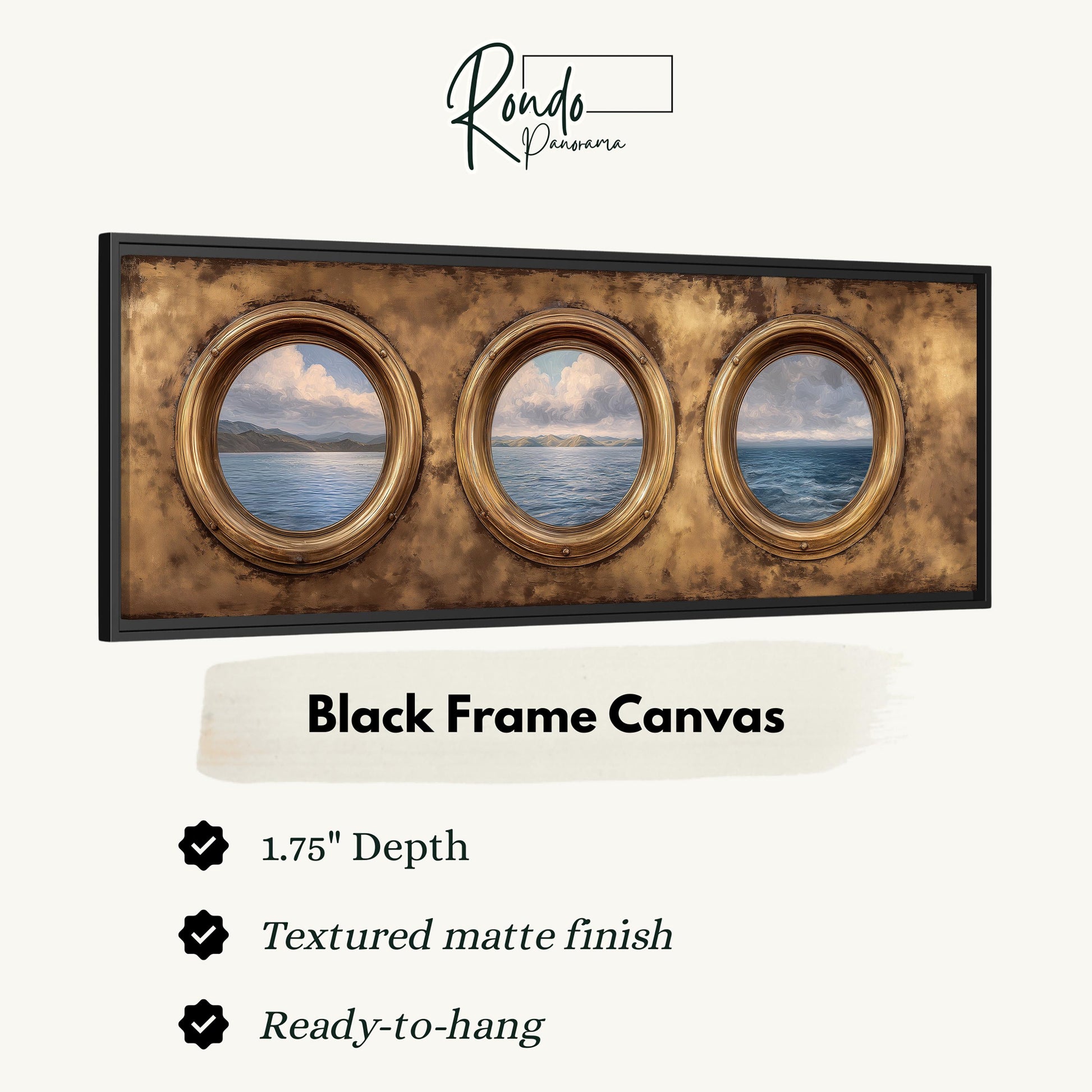 The image is a black frame canvas with three circular windows, each depicting a seascape. The canvas has a 1.75" depth and is textured with a matte finish. It is ready to hang.