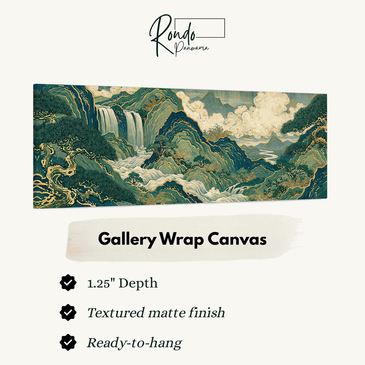 Emerald waterfall mountains with gold lines gallery wrap canvas with the image wrapped around the edges