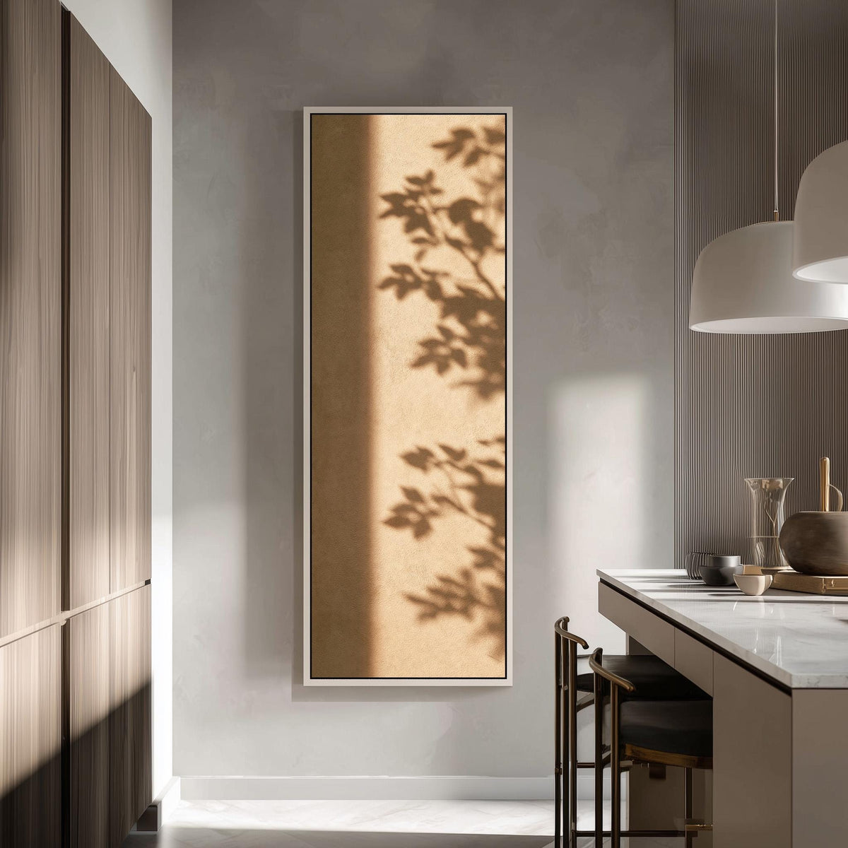Leaf shadows on a warm tan wall tall skinny canvas print in a modern kitchen