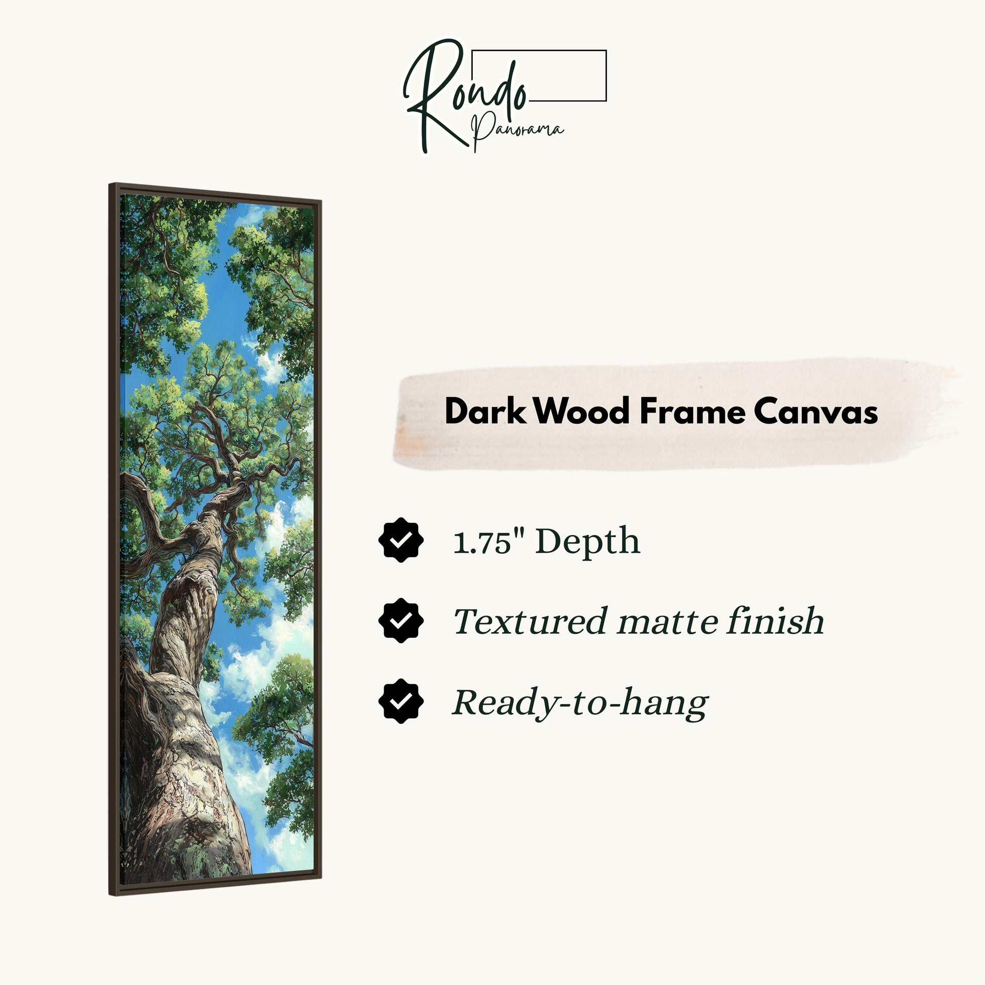 The image is a dark wood frame canvas depicting a tree with a blue sky background.