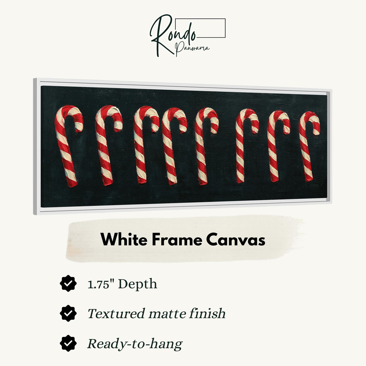 Row of candy canes on black canvas print in a white floating frame