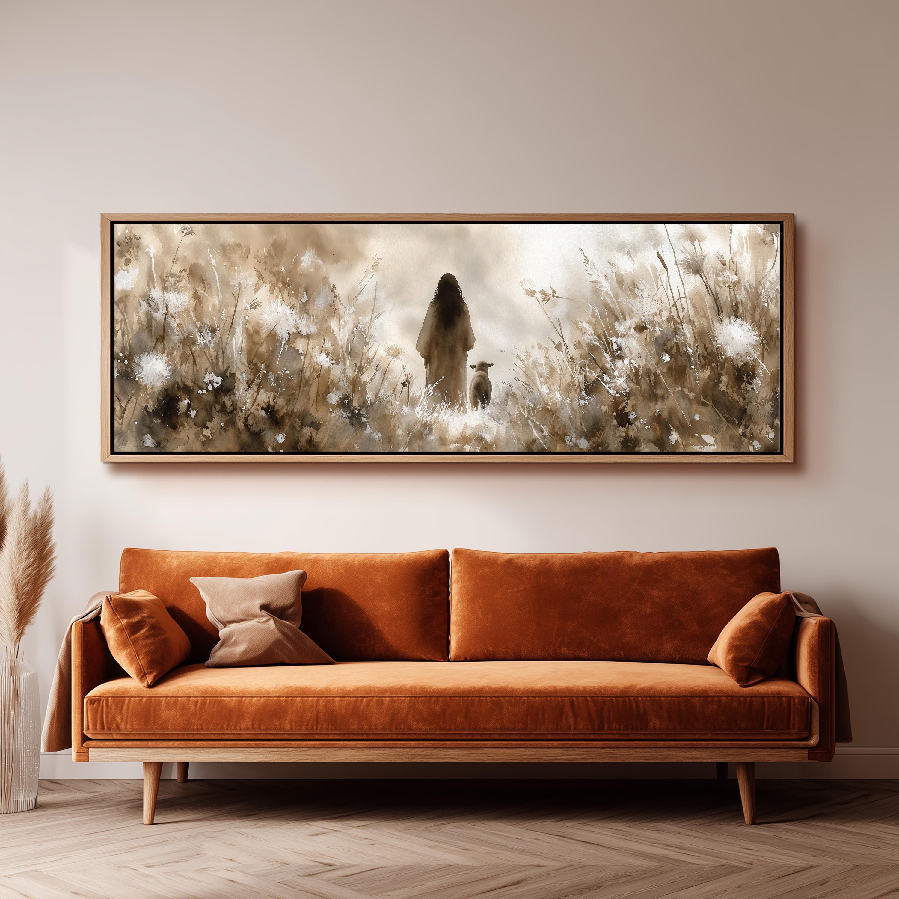 a large, framed painting of a woman standing in a field of flowers, with a dog nearby. The painting is hanging on a wall above a brown sofa, creating a cozy and inviting atmosphere in the room.