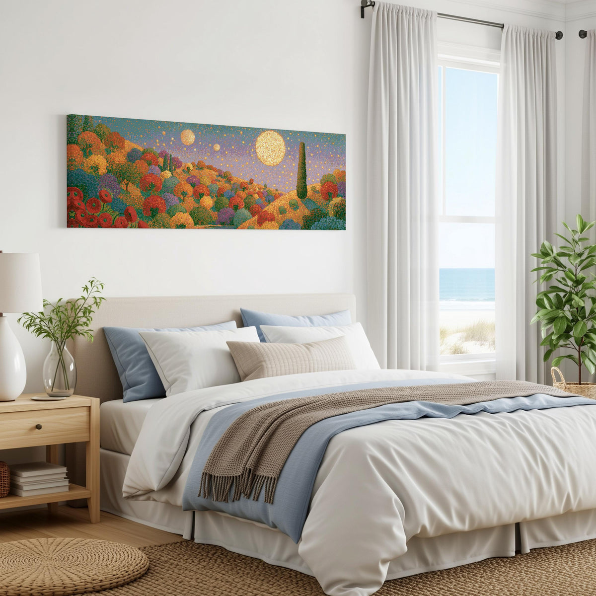 Autumn hillside under glowing moons panoramic canvas print above a bed in a coastal bedroom