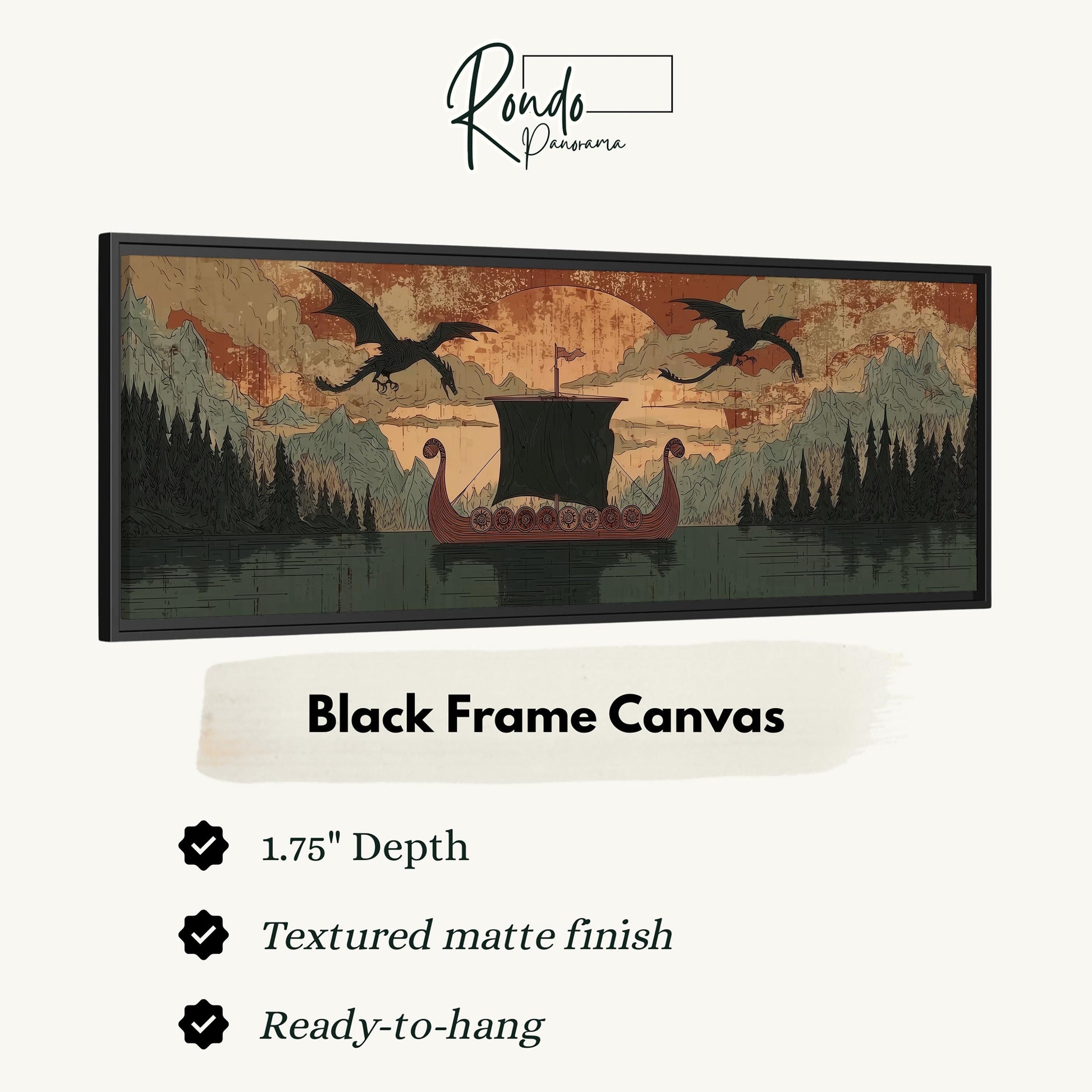 The image is a black frame canvas depicting a dragon boat sailing on a lake, with mountains in the background.