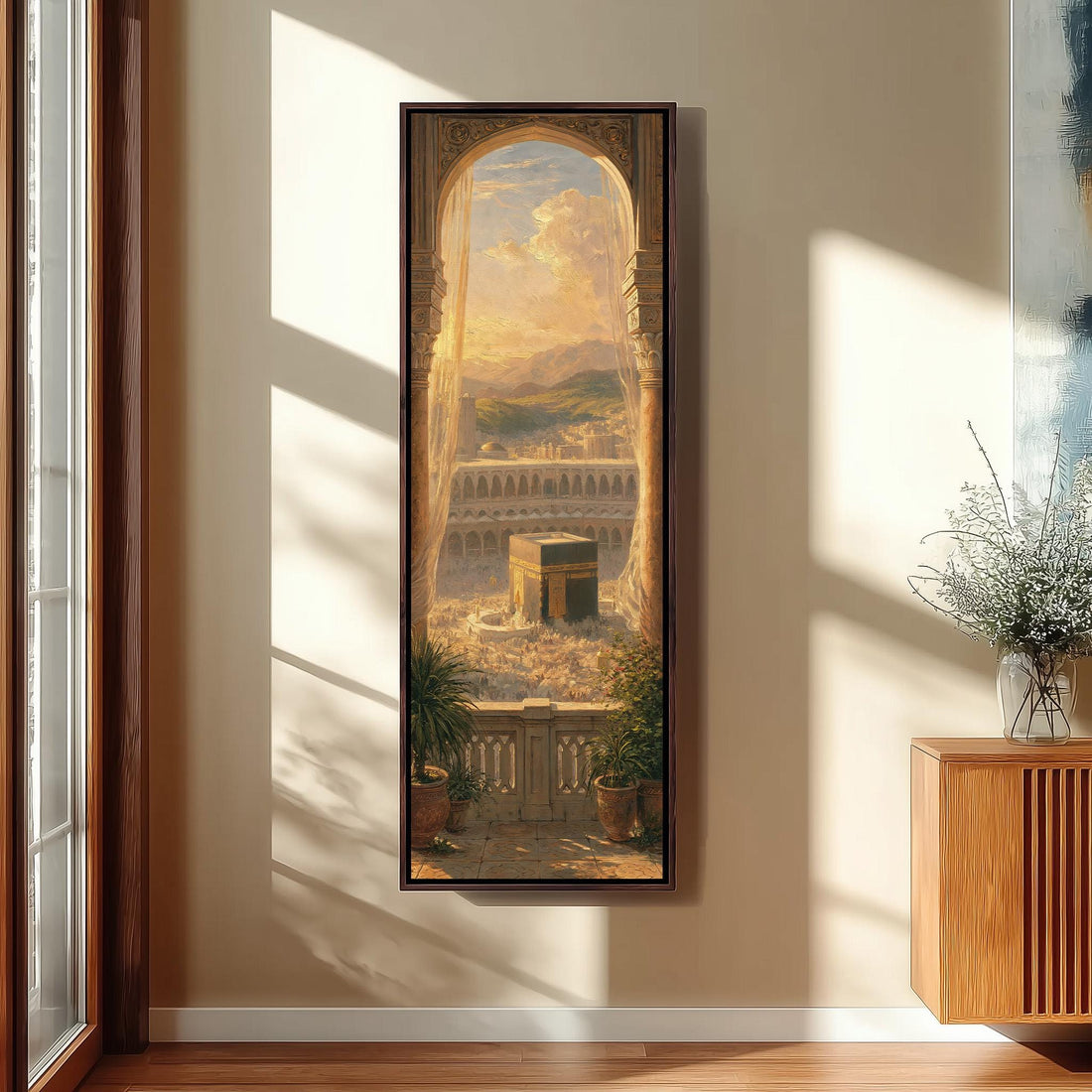 The Kaaba seen through a golden arch at sunset long vertical canvas print in a sunlit living space