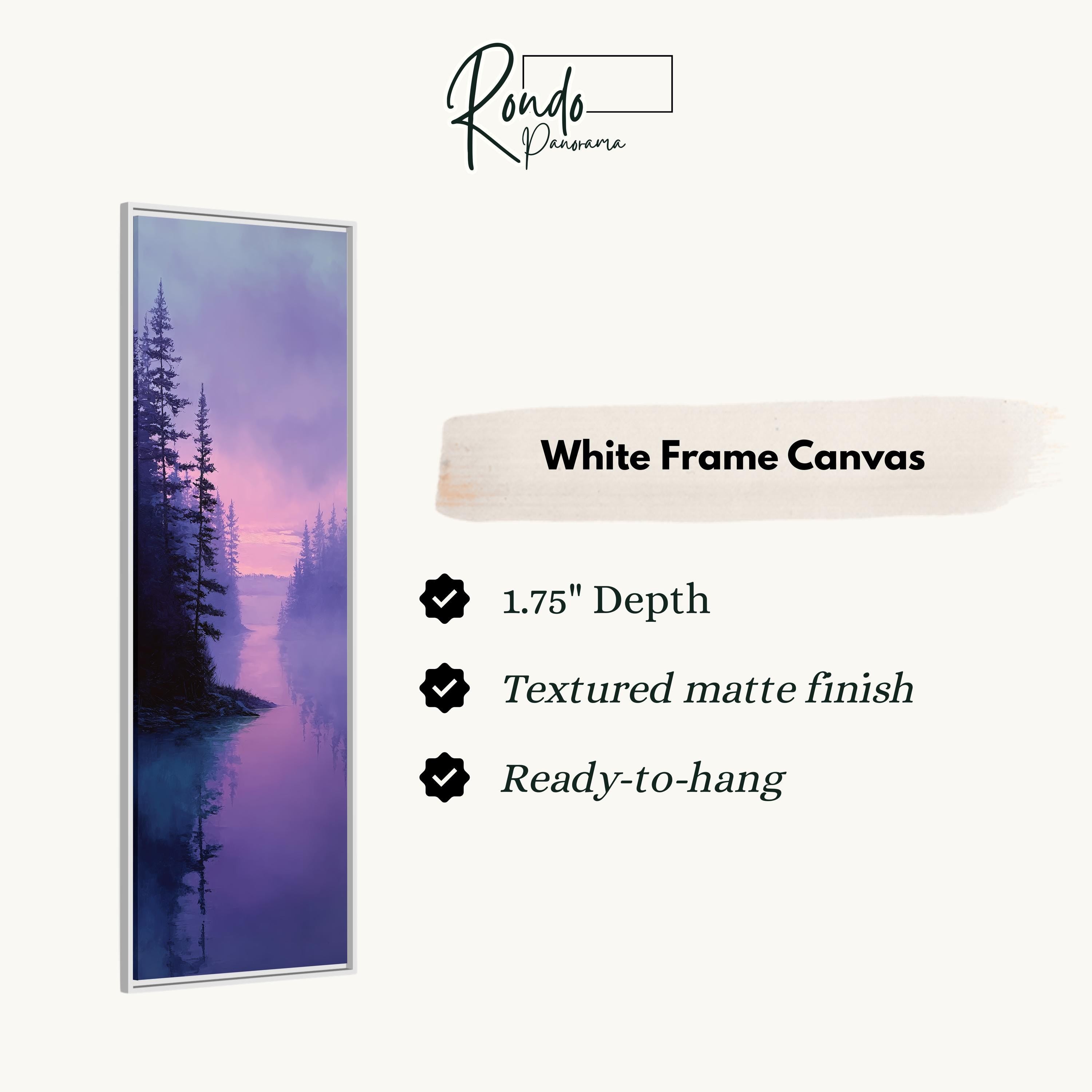The image is a white frame canvas depicting a serene landscape with a forest and a body of water.