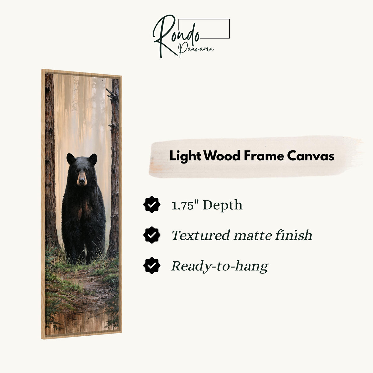 Black bear standing in a foggy forest canvas print in a light wood floating frame
